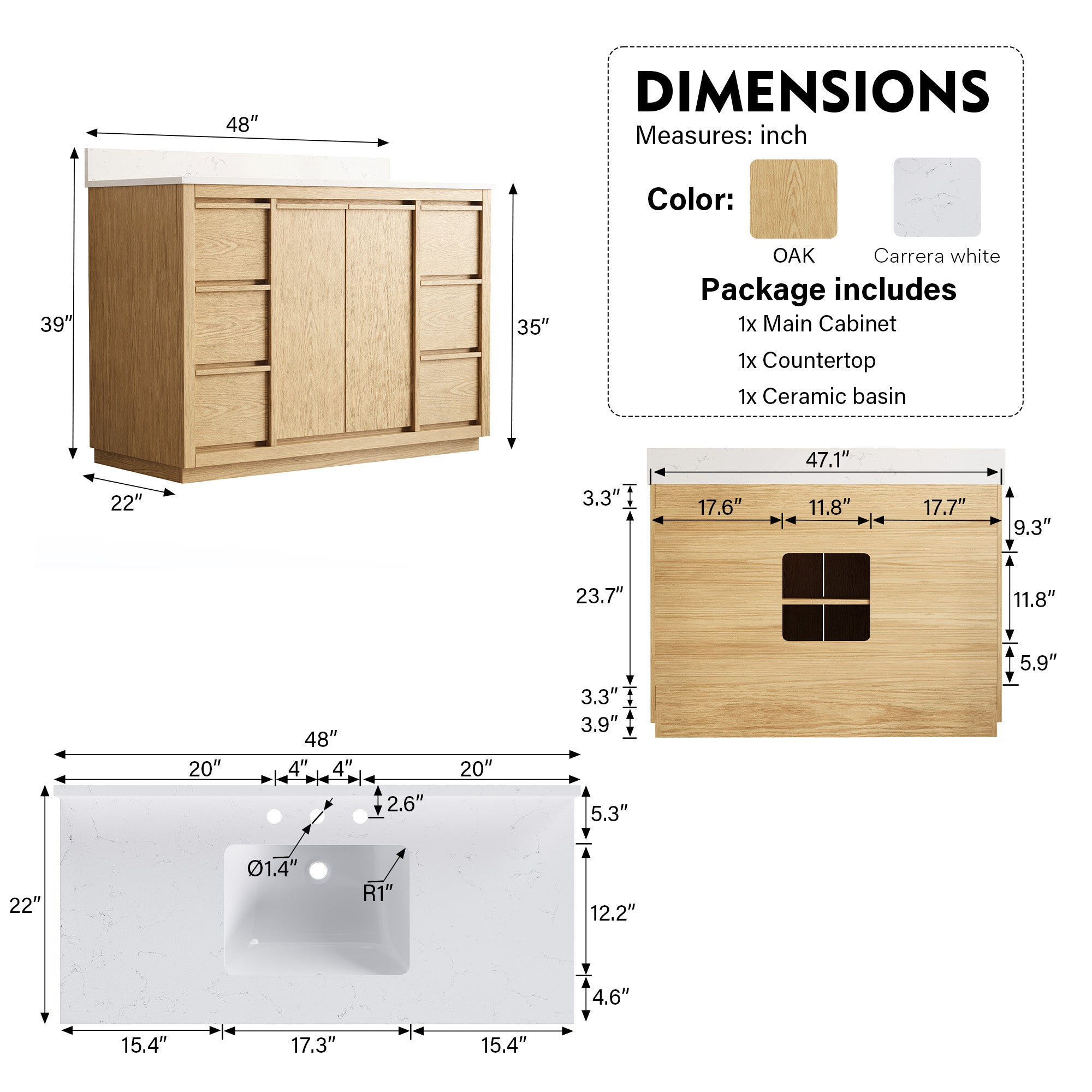 48 Inch Oak Soild Wood Bathroom Vanity with Sink, 6 Dovetail-constructed Drawers and 2 Soft-close Doors