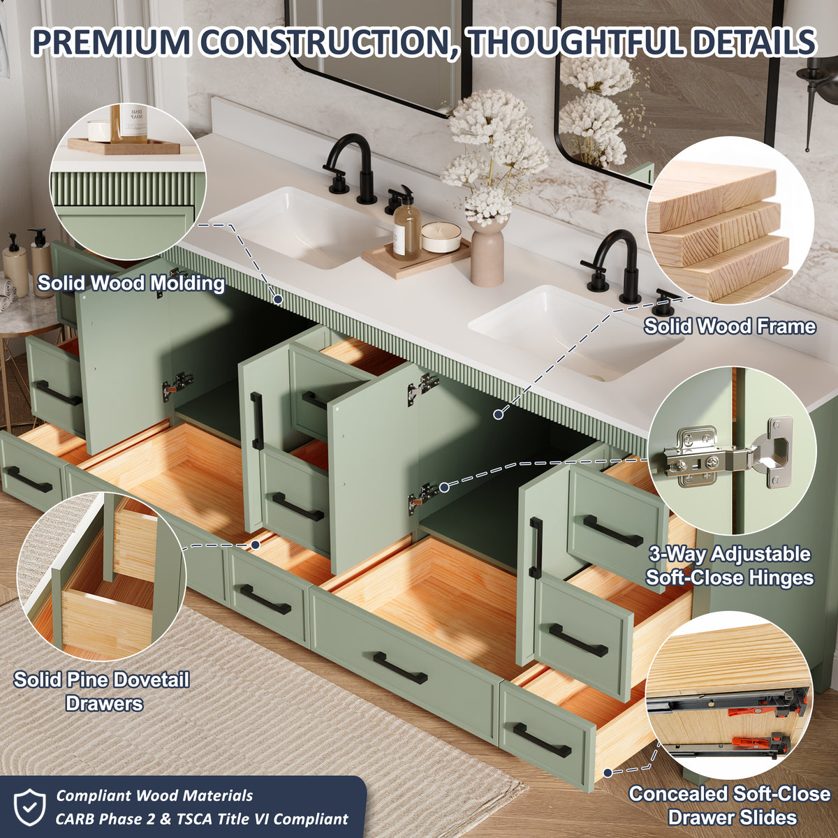 84 Inch Freestanding Solid Wood Bathroom Vanity with Pure White Quartz Countertop, 4 Soft-Close Doors & 11 Dovetail Drawers, SAGE GREEN