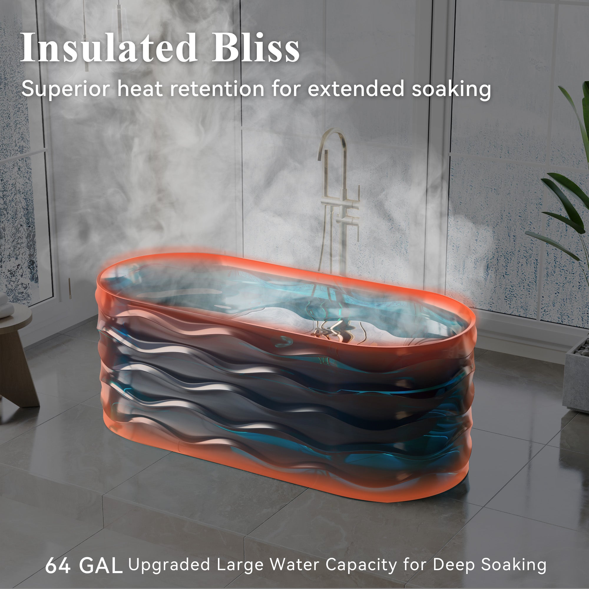 62" Pure Resin Transparent Freestanding Bathtub with Drain, Transparent Sea Blue
