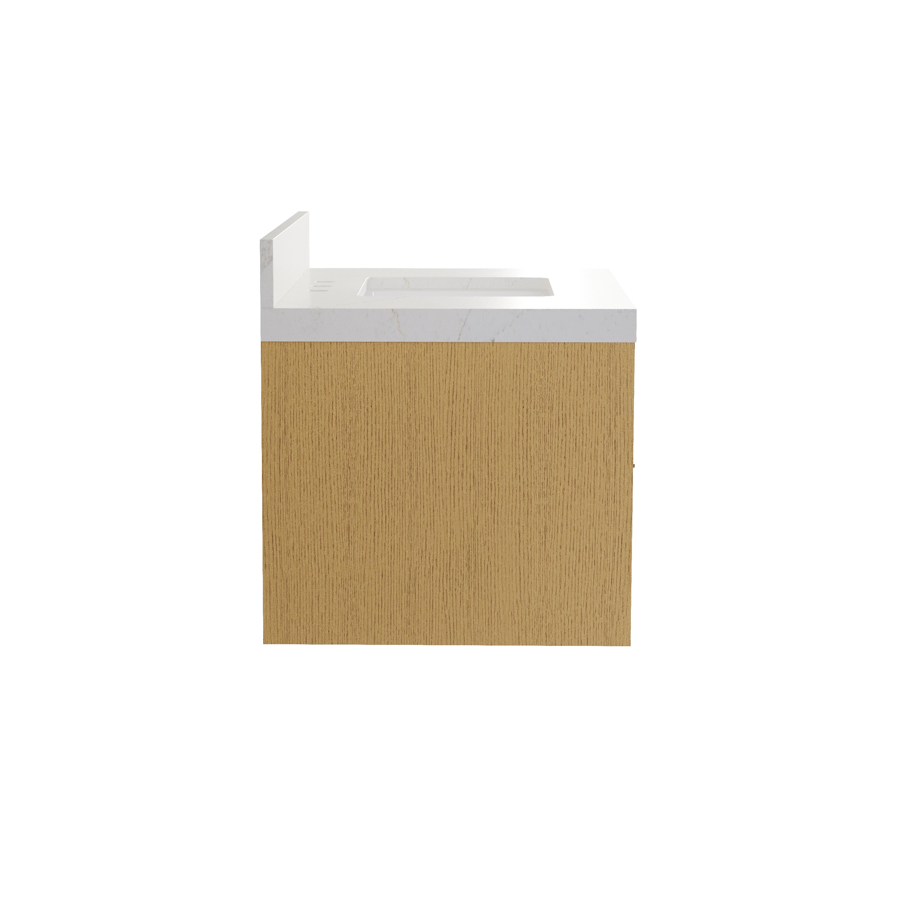 60-Inch Solid Oak Floating Bathroom Vanity with Calacatta Quartz Countertop, 6 Soft-Close Fluted Drawers