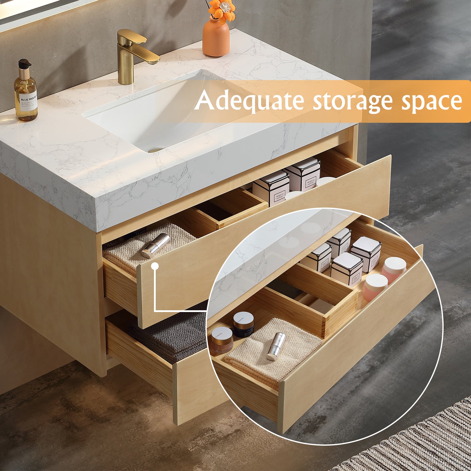 36" Modern Floating Maple Wood Bathroom Vanity Cabinet with LED Light and Stone Slab Countertop