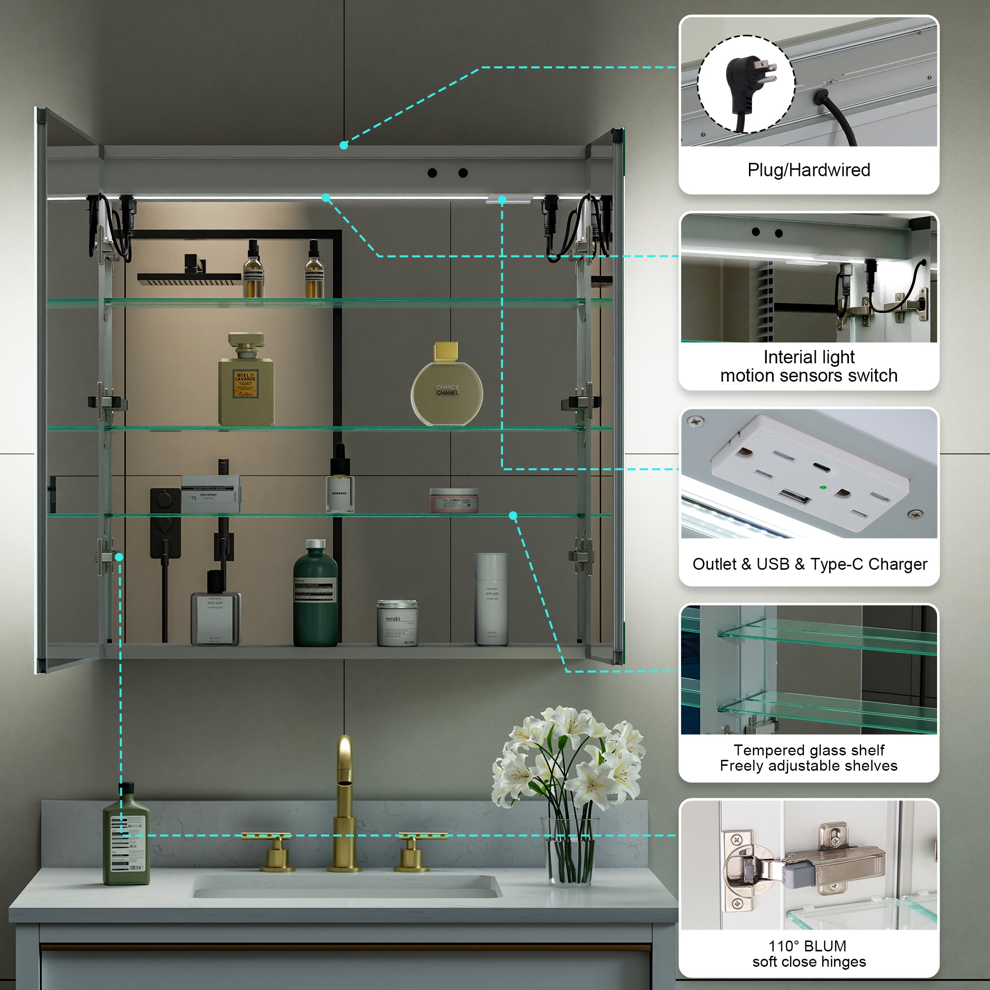 30 in. x 30 in. LED Lighted Surface/Recessed Mount Mirror Medicine Cabinet with Outlet