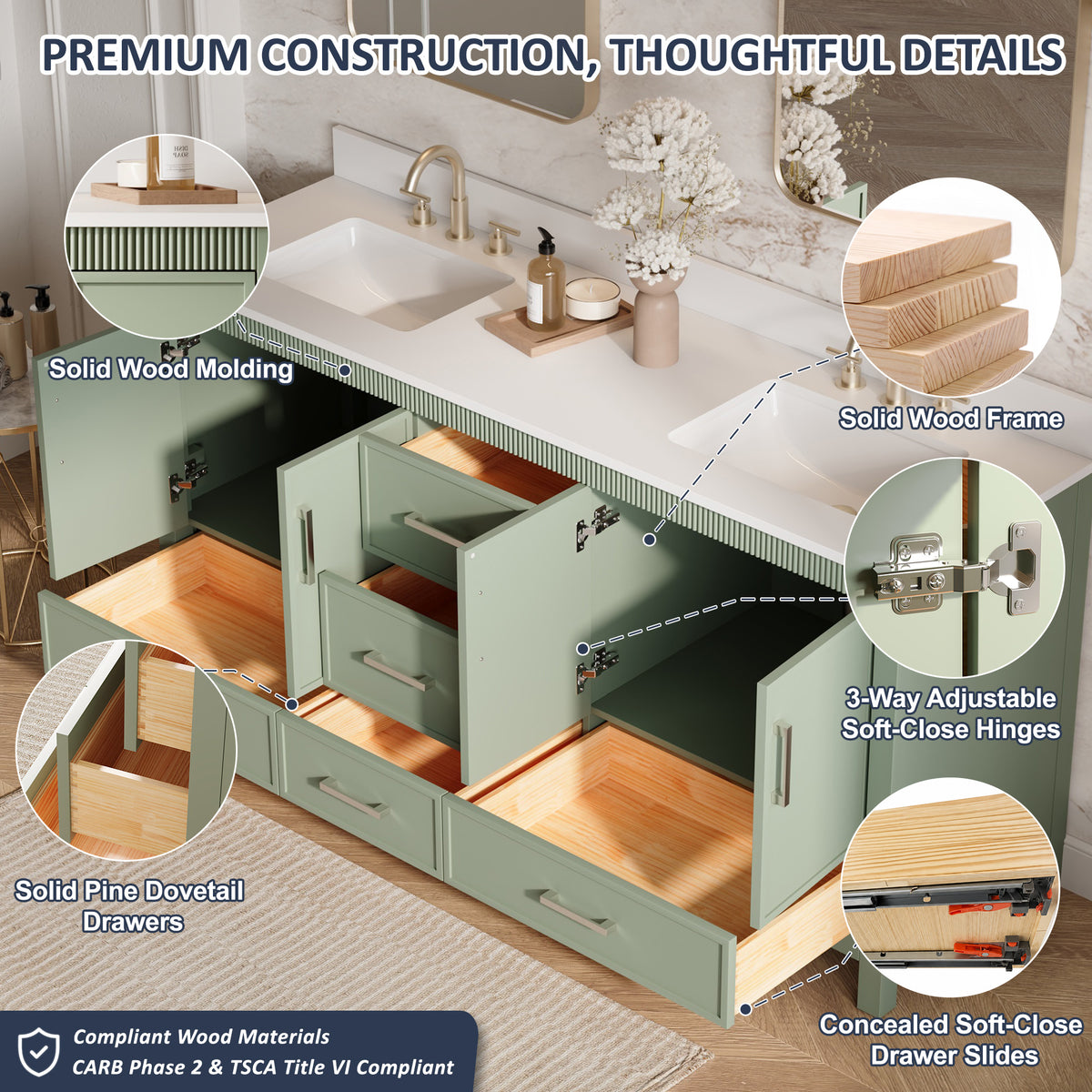 72 Inch Freestanding Solid Wood Bathroom Vanity with Pure White Quartz Countertop, 4 Soft-Close Doors & 5 Dovetail Drawers, SAGE GREEN