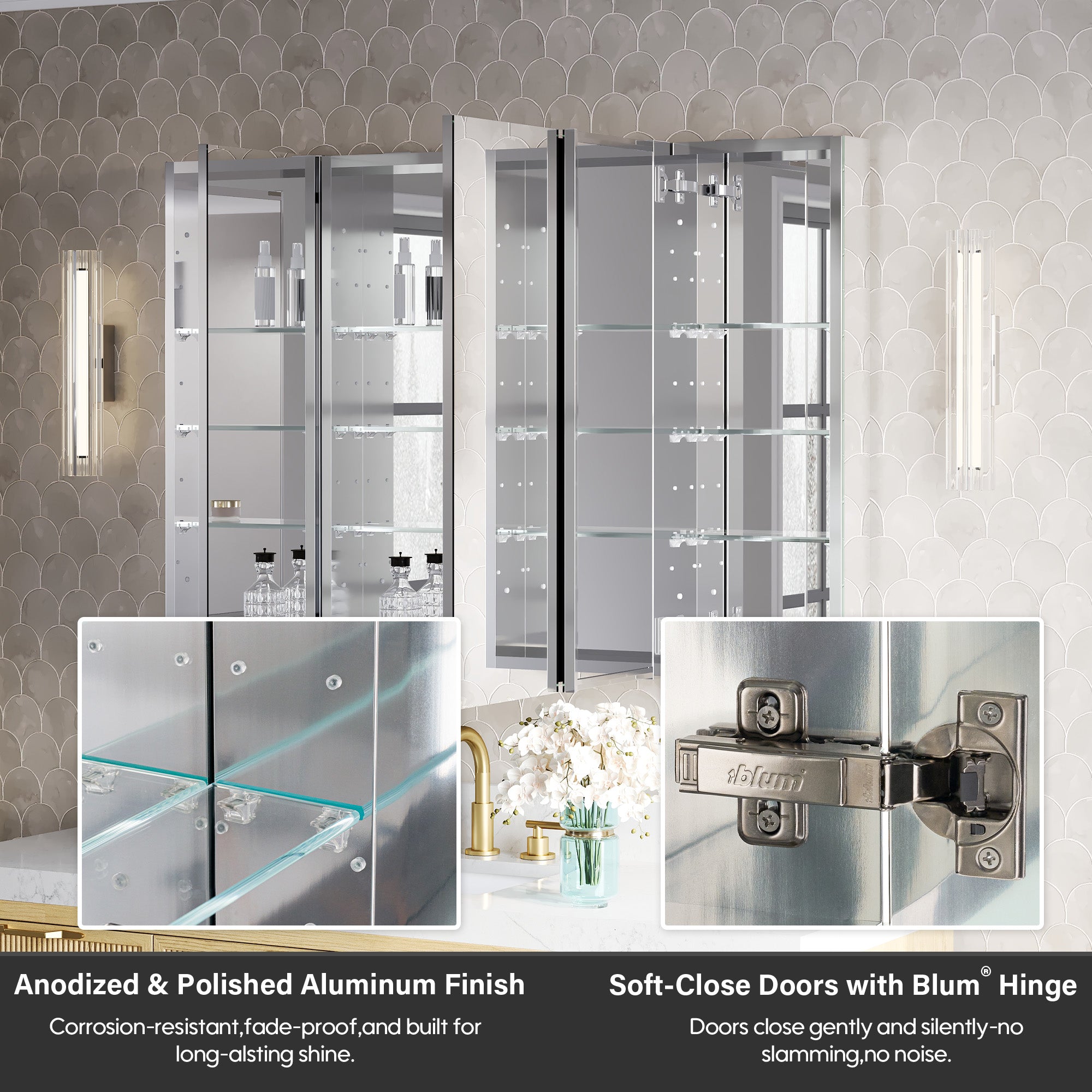 48 in.×32 in.H Copper-Free Mirror Medicine Cabinet with Soft-Close Blum® Hinges and 3 Doors