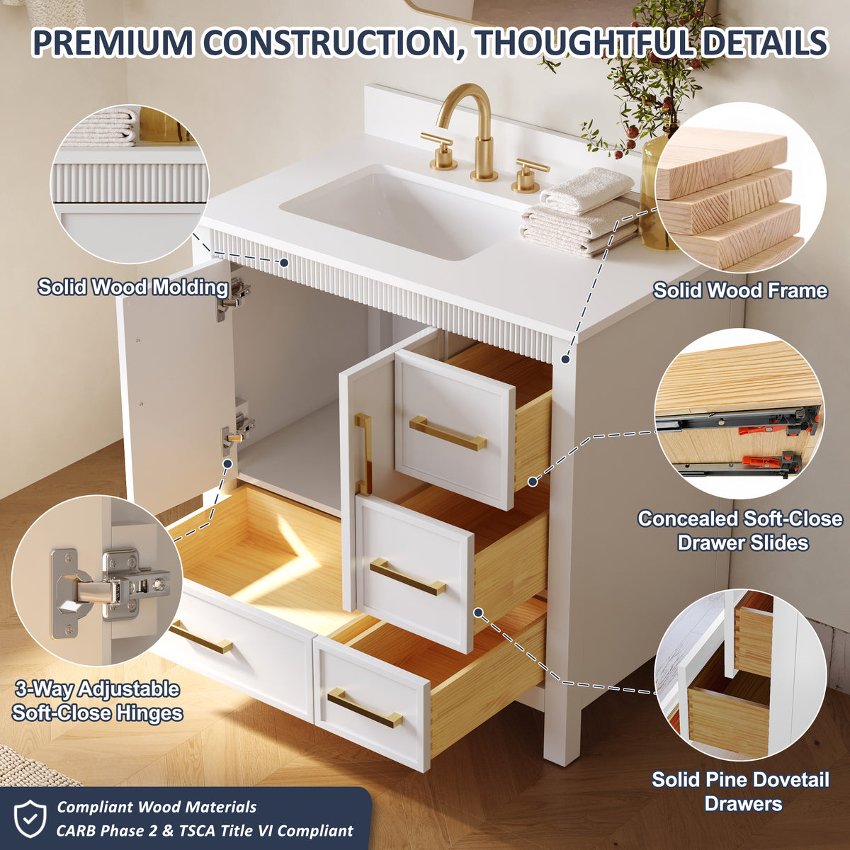 36 Inch Freestanding Solid Wood Bathroom Vanity with Fluted Molding, Pure White Quartz Countertop, White