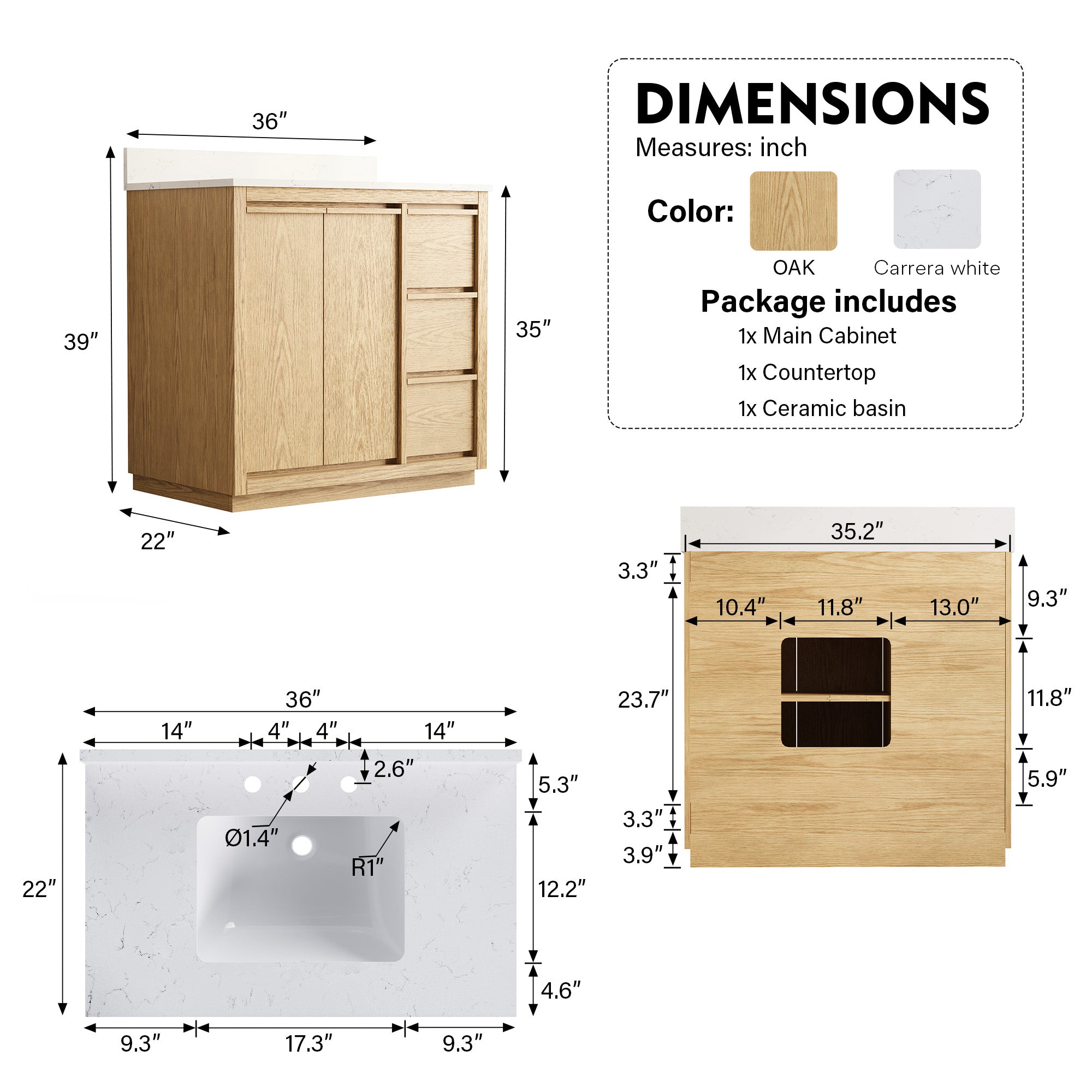 36 Inch Oak Soild Wood Bathroom Vanity with Sink, 3 Dovetail-constructed Drawers and 2 Soft-close Doors
