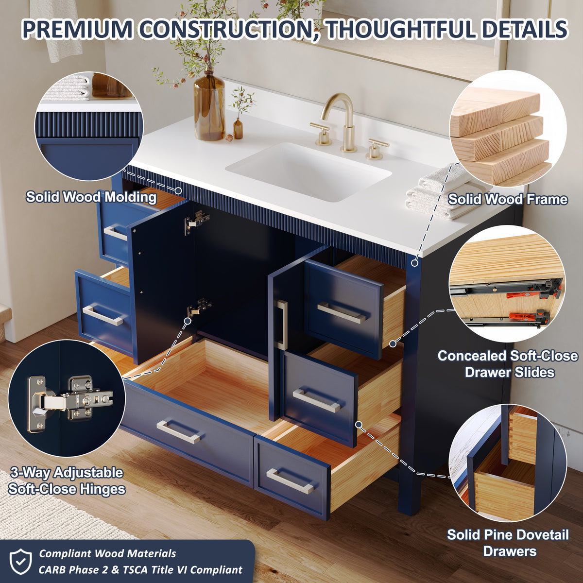 48 Inch Freestanding Solid Wood Bathroom Vanity with Fluted Molding, Pure White Quartz Countertop, Navy Blue