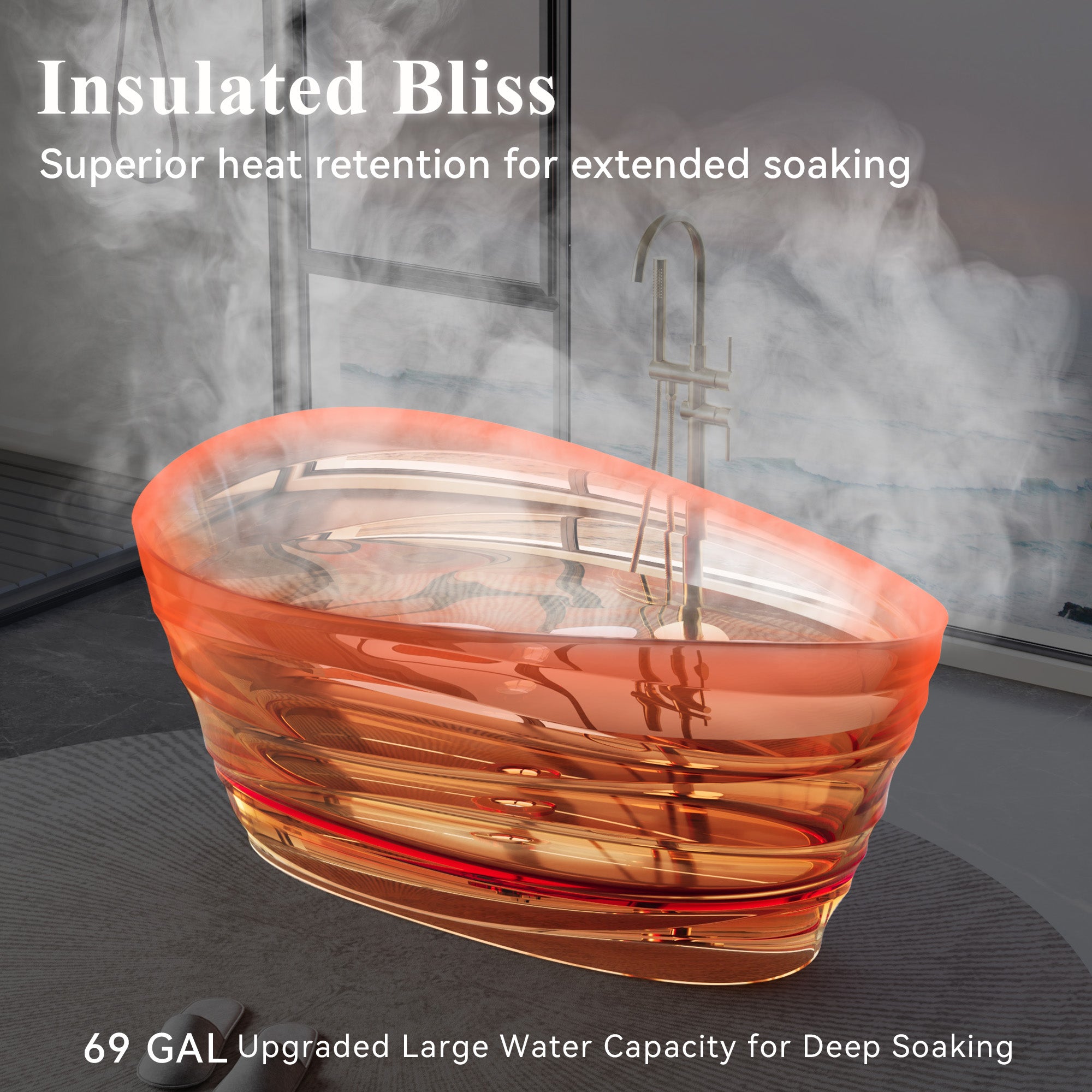 62" Pure Resin Transparent Freestanding Bathtub with Drain, Transparent Champagne