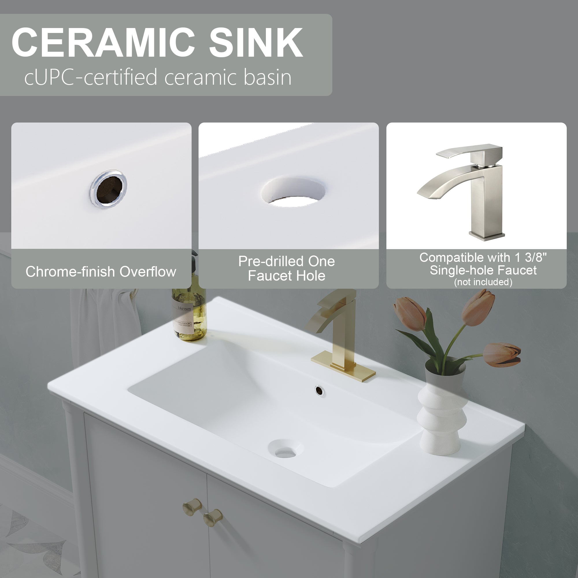 30 inch Solid Wood Freestanding Bathroom Vanity with Single Sink and Soft-Closing Doors, White
