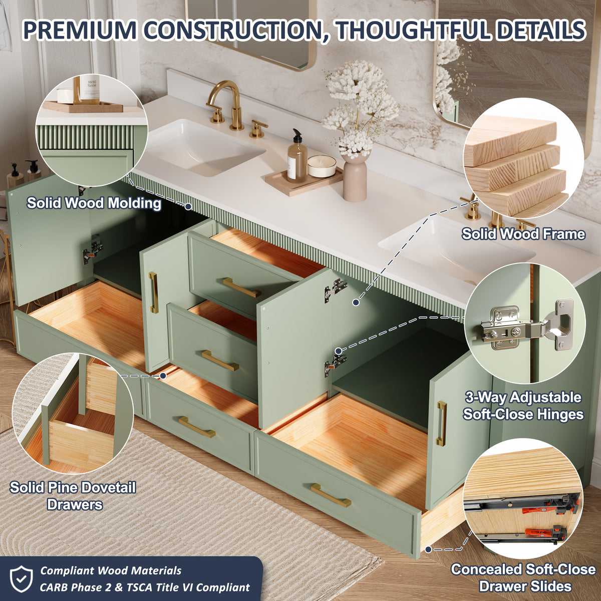 80 Inch Freestanding Solid Wood Bathroom Vanity with Pure White Quartz Countertop, 4 Soft-Close Doors & 5 Dovetail Drawers, SAGE GREEN