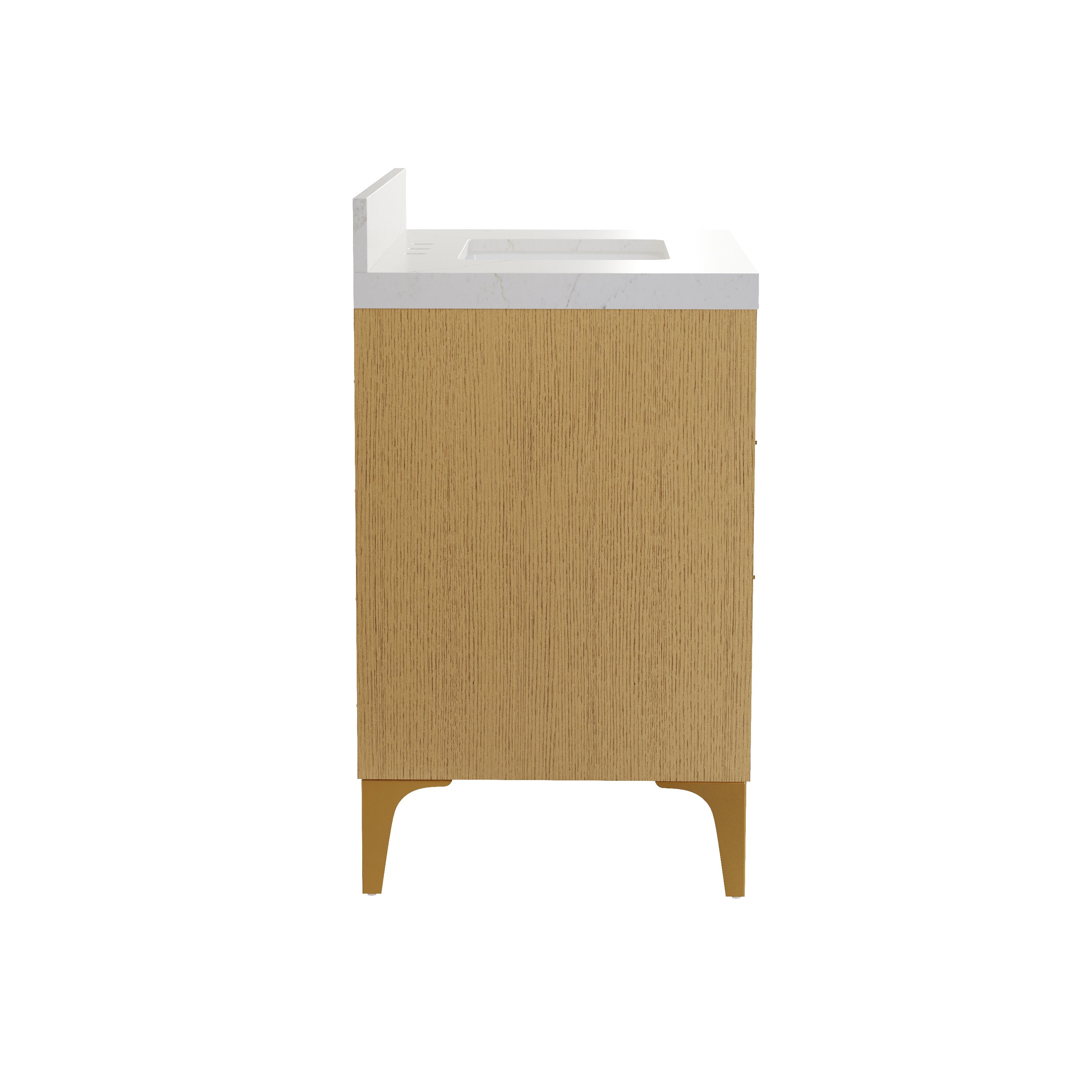 36 Inch Modern Solid Oak Bathroom Vanity with Calacatta Quartz Countertop, 3 Fluted Drawers & Brushed Gold Legs