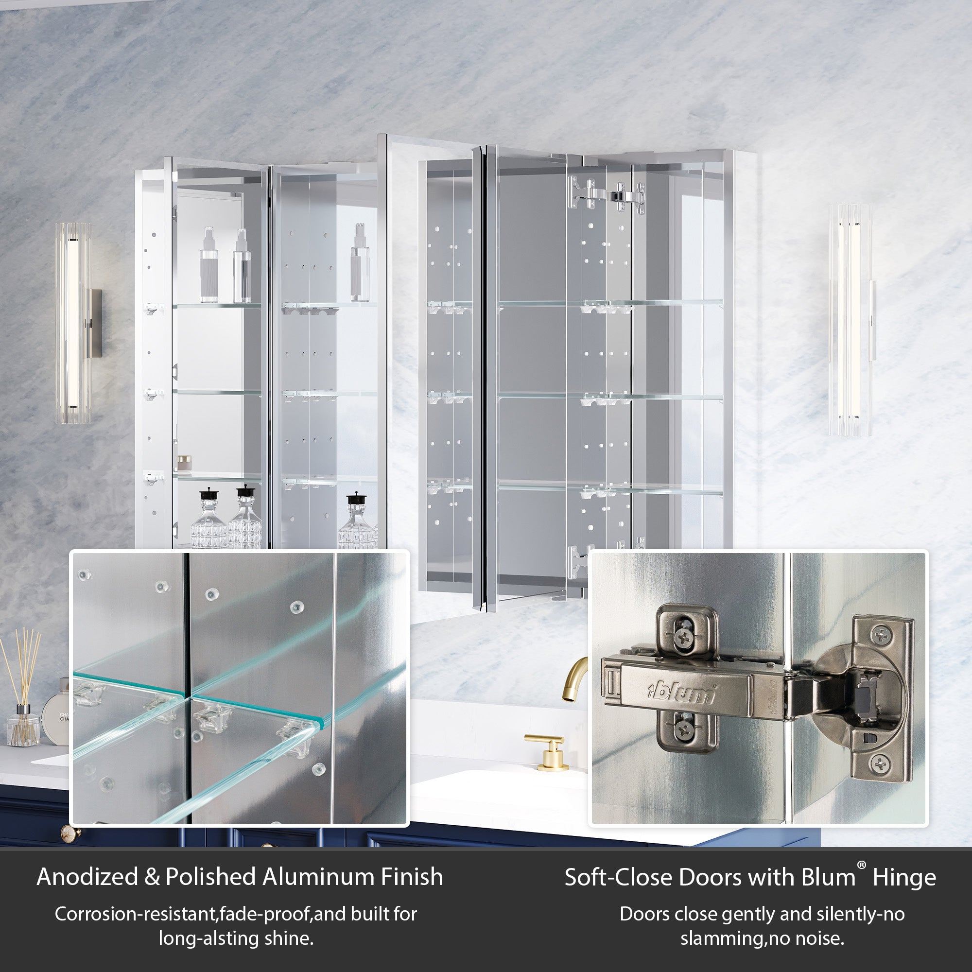 48 in.×30 in.H Aluminum Copper-Free Mirror Medicine Cabinet with Beveled Mirror Door, Recessed or Surface Mount, Adjustable Shelves