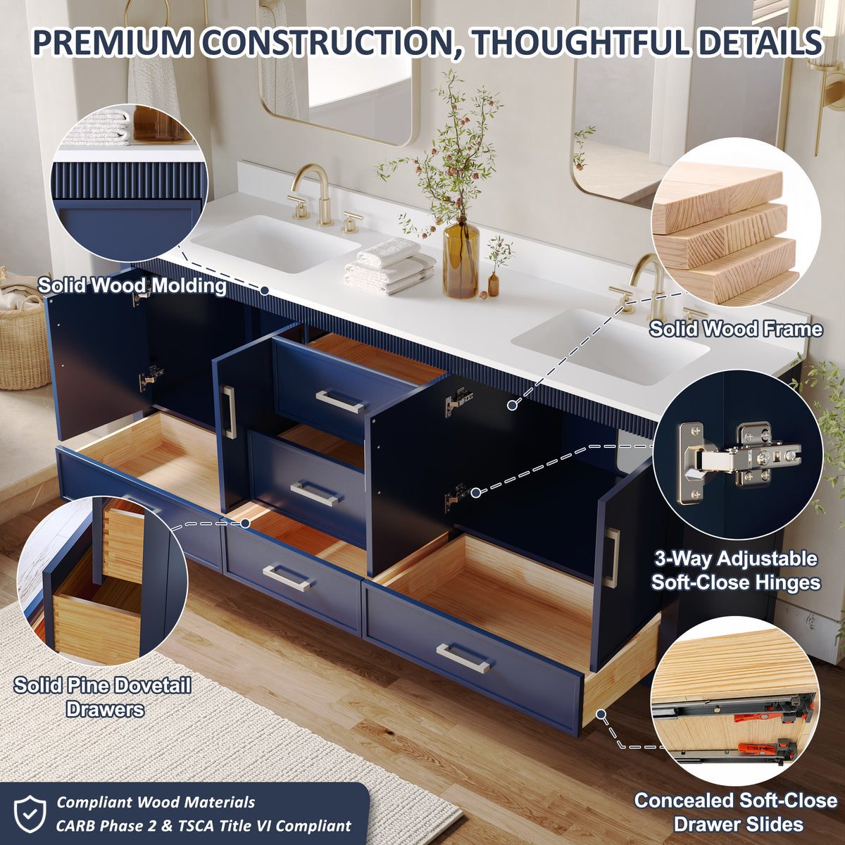 80 Inch Freestanding Solid Wood Bathroom Vanity with Pure White Quartz Countertop, 4 Soft-Close Doors & 5 Dovetail Drawers, Navy Blue