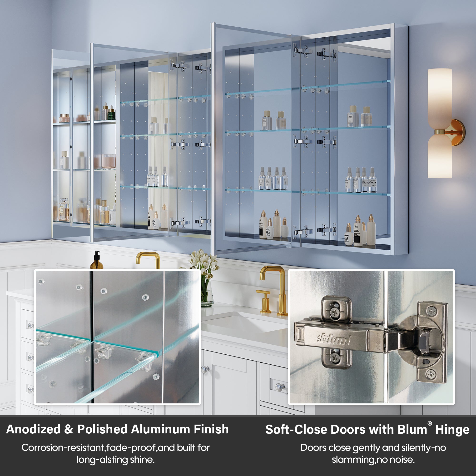 84 in. ×36 in. Aluminum Bathroom Medicine Cabinet and Open Shelf Set, Recessed or Surface Mount