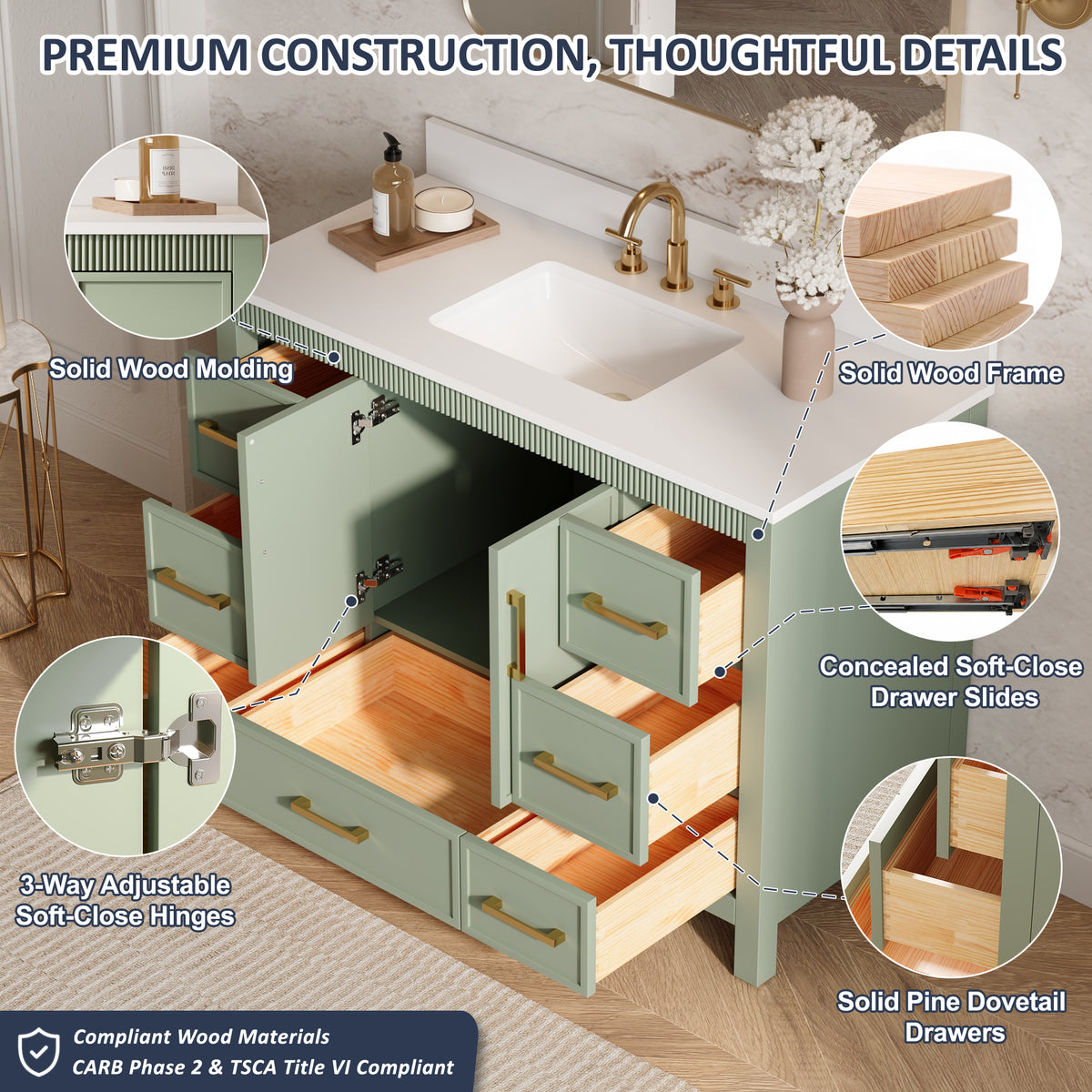 48 Inch Freestanding Solid Wood Bathroom Vanity with Fluted Molding, Pure White Quartz Countertop, SAGE GREEN