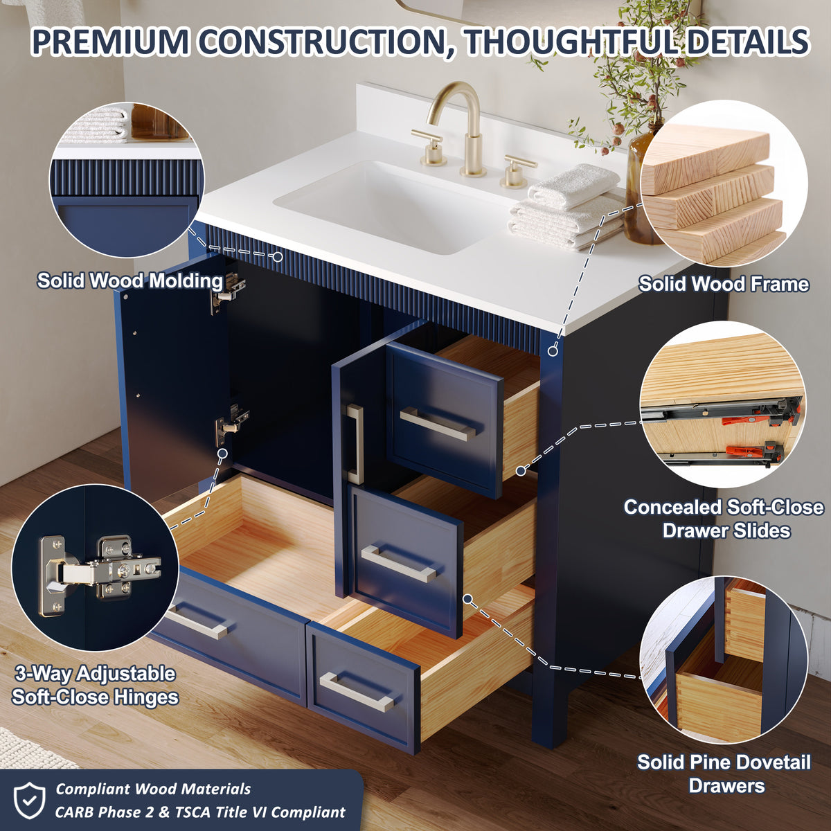 36 Inch Freestanding Solid Wood Bathroom Vanity with Fluted Molding, Pure White Quartz Countertop, Navy Blue