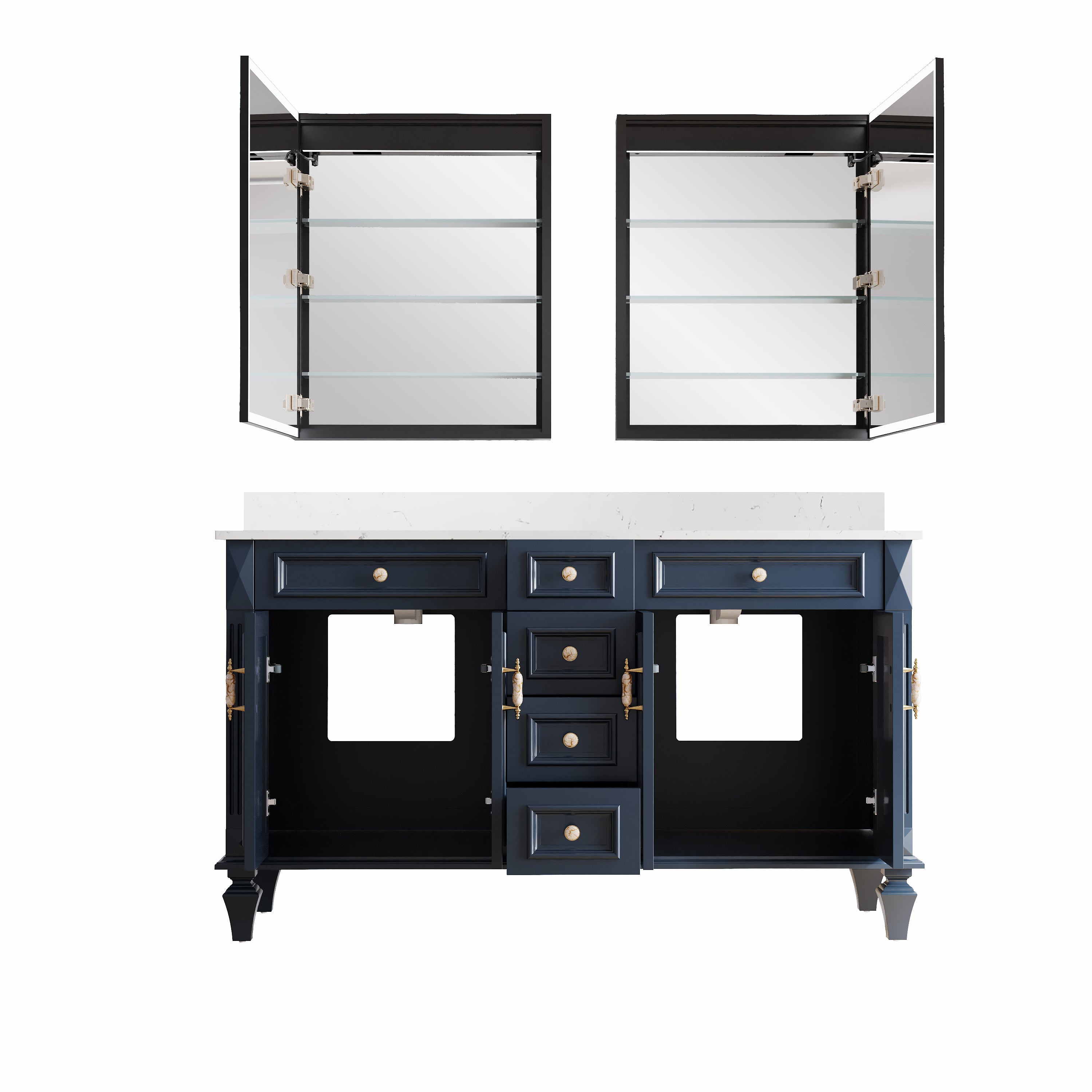 60" Navy Blue Solid Wood Bathroom Vanity & 2-Piece 24" LED Mirror Medicine Cabinet Combo