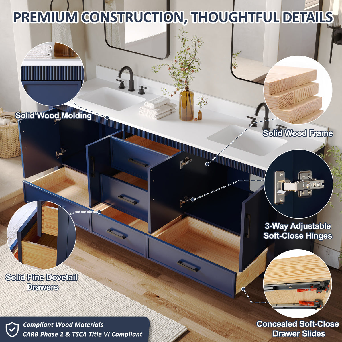 80 Inch Freestanding Solid Wood Bathroom Vanity with Pure White Quartz Countertop, 4 Soft-Close Doors & 5 Dovetail Drawers, Navy Blue