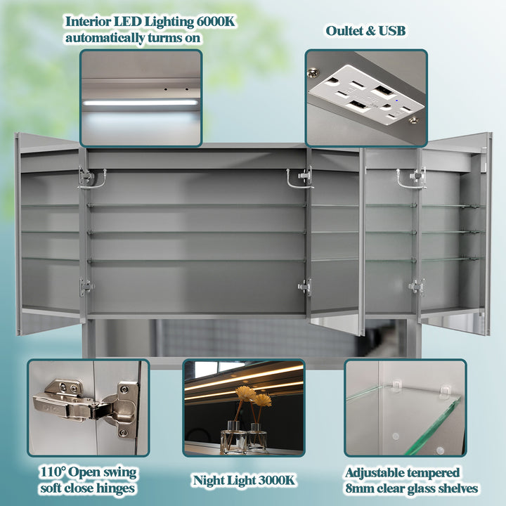 48" W x 32" H LED Lighted Mirror Aluminum Medicine Cabinet with Shelves for Bathroom Recessed or Surface Mount