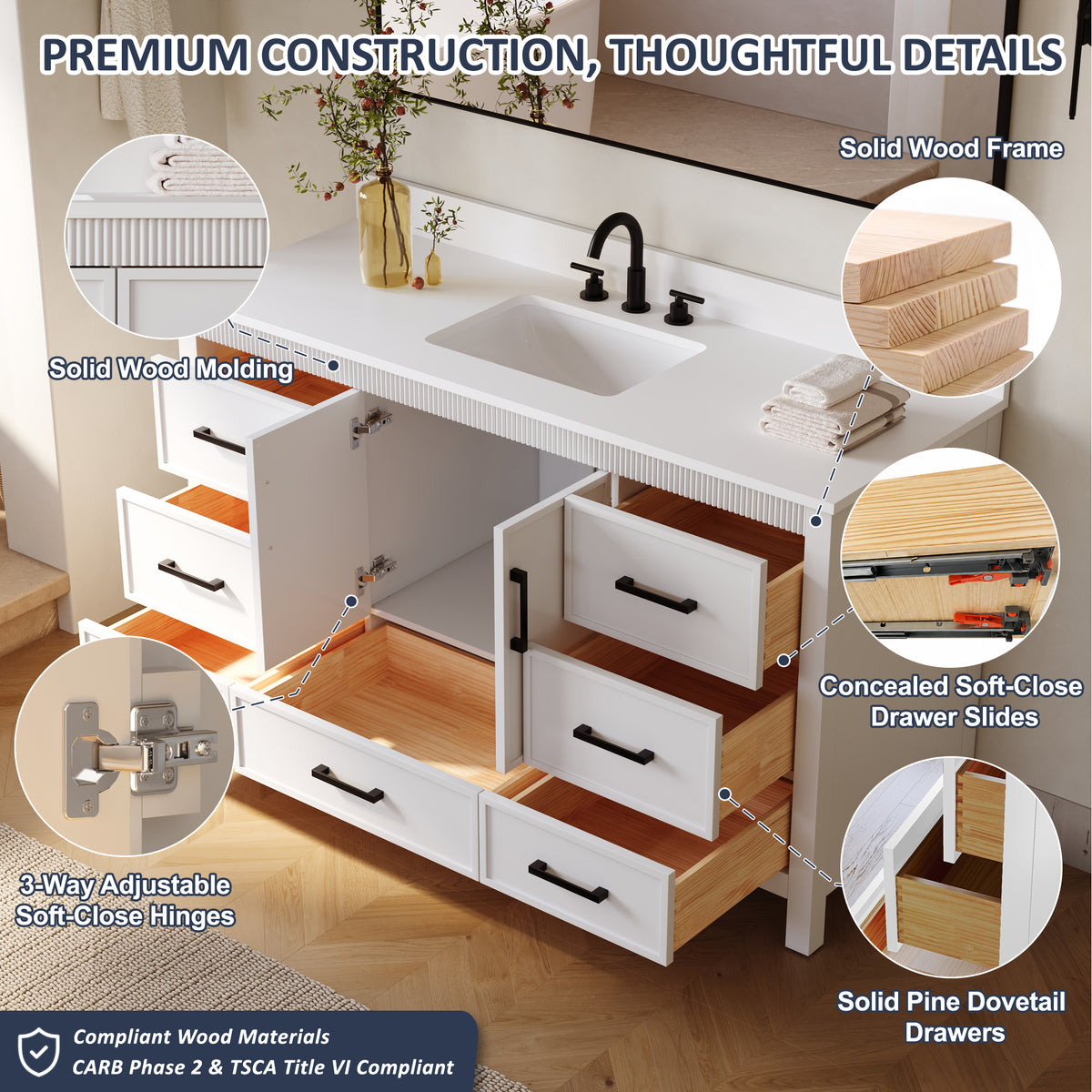 60 Inch Freestanding Solid Wood Bathroom Vanity with Pure White Quartz Countertop, 2 Soft-Close Doors & 7 Dovetail Drawers, White