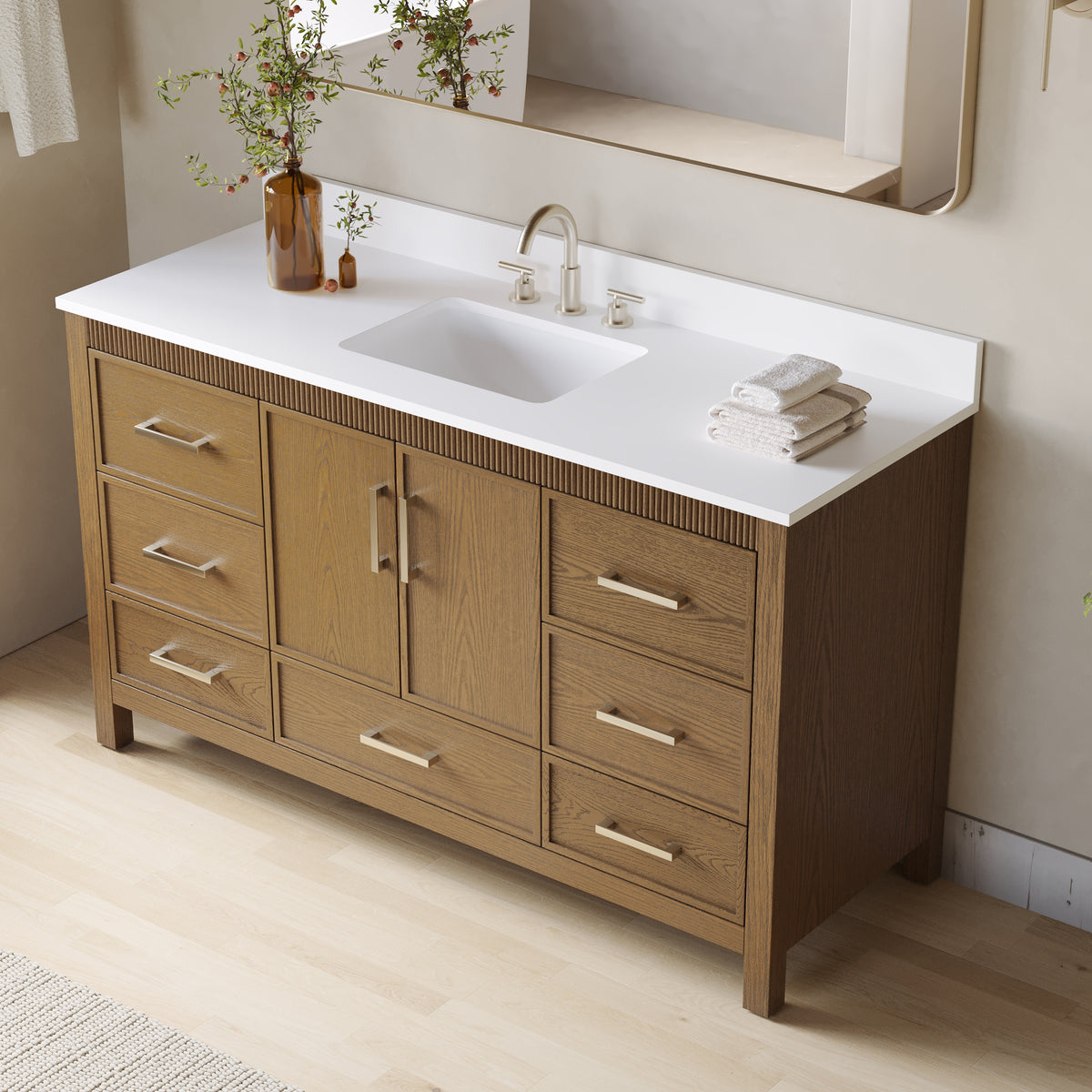 60 Inch Freestanding Solid Wood Bathroom Vanity with Pure White Quartz Countertop, 2 Soft-Close Doors & 7 Dovetail Drawers, Walnut