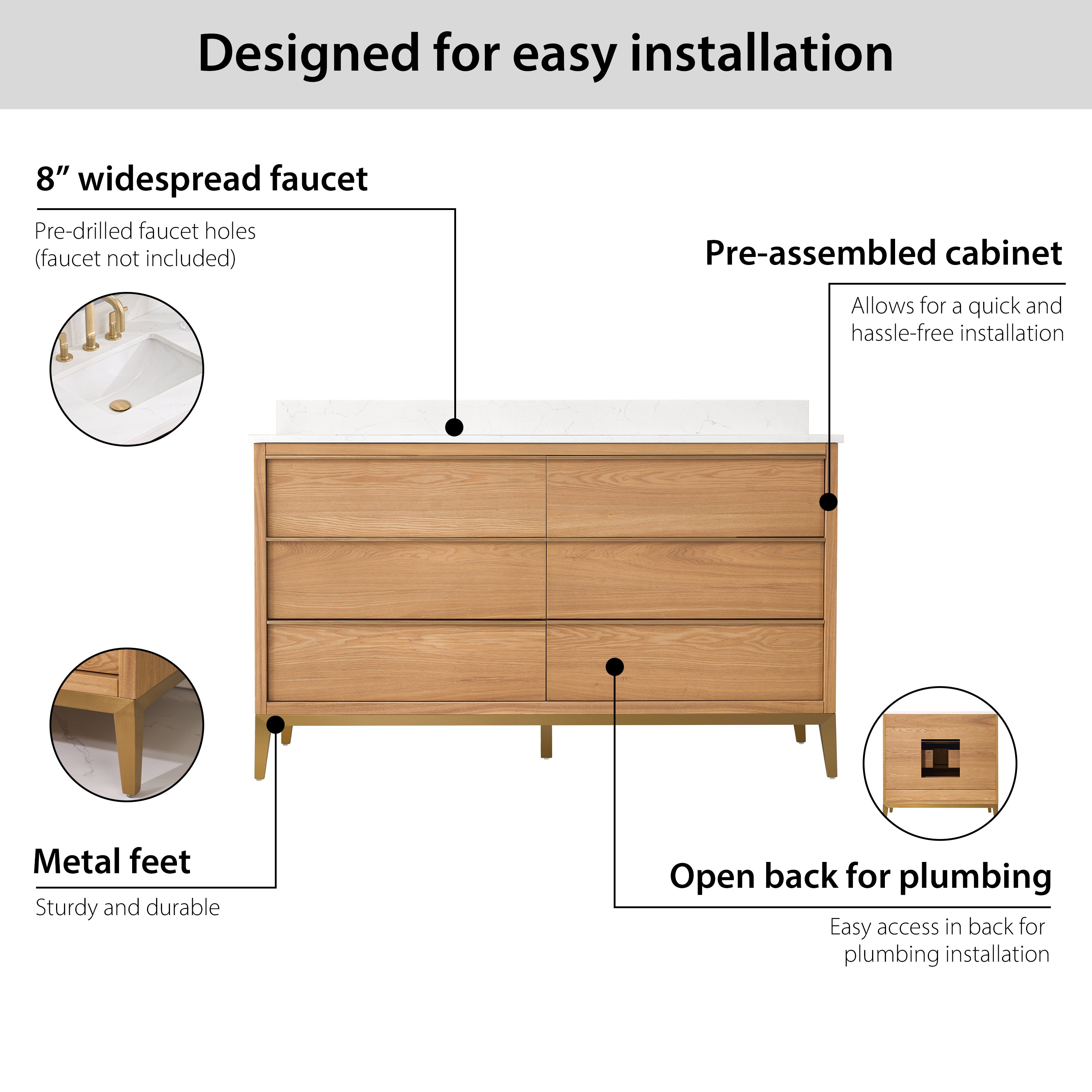 60 in. Bathroom Vanity in Light Oak with Carrara White Quartz Vanity Top