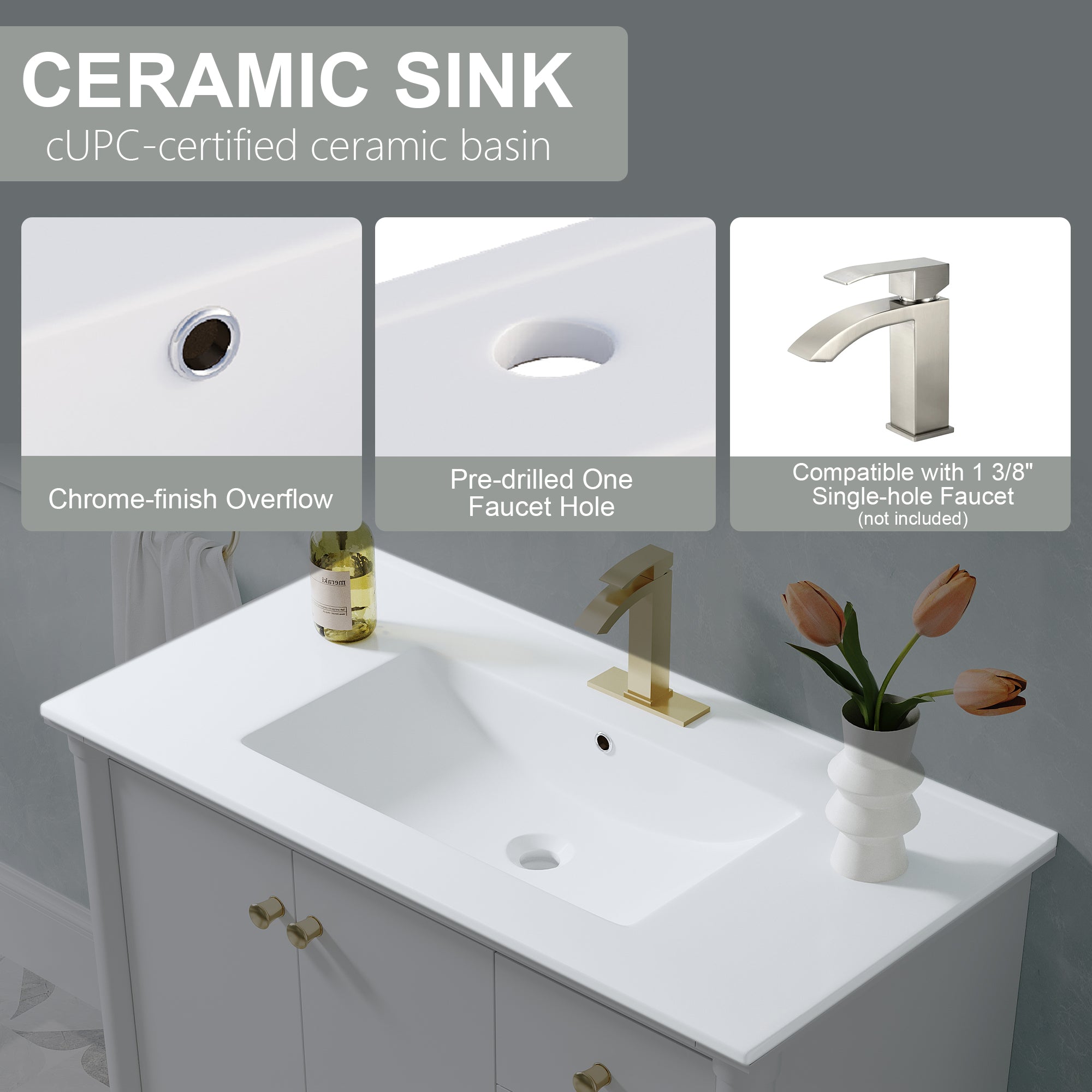 36 inch Solid Wood Freestanding Bathroom Vanity with Single Sink and Soft-Closing Doors, White