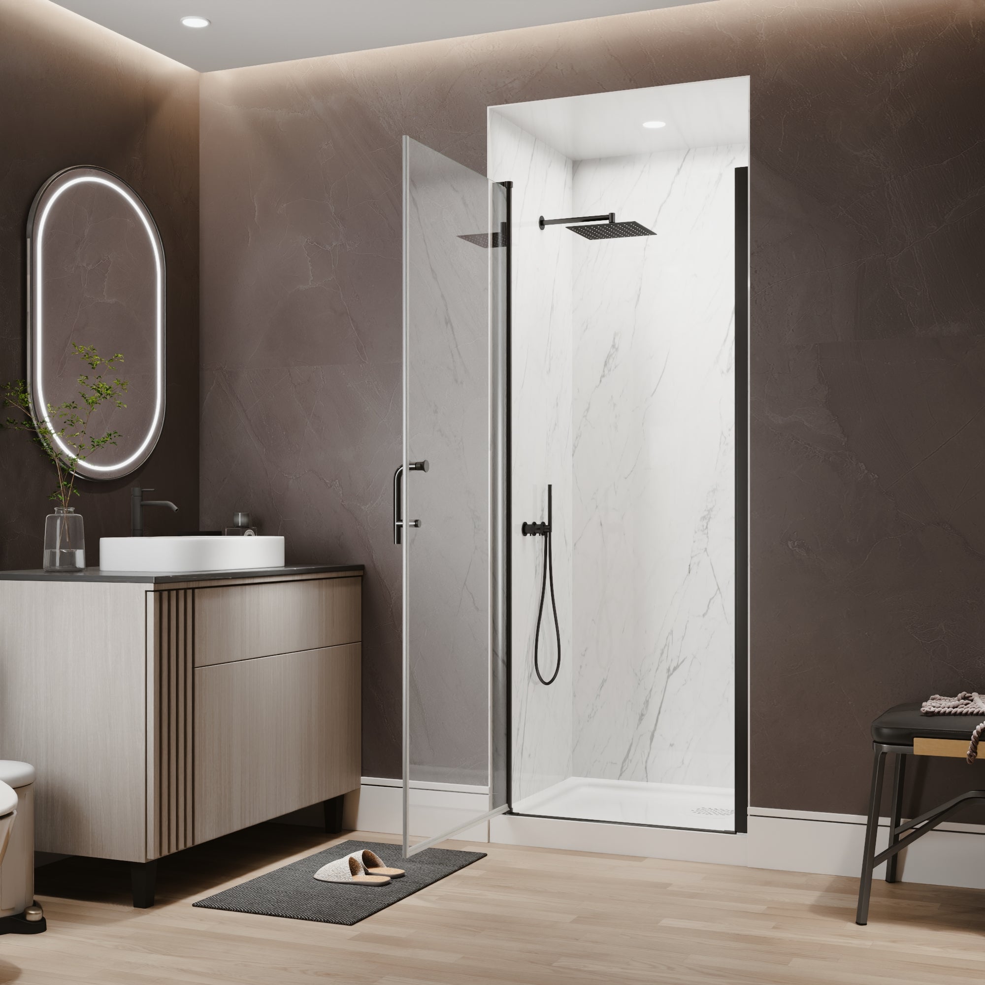 30-32 in. W x 72 in. H Semi-Frameless Pivot Shower Door with 1/4 in SGCC Tempered Glass, Reversible Installation, Matte Black