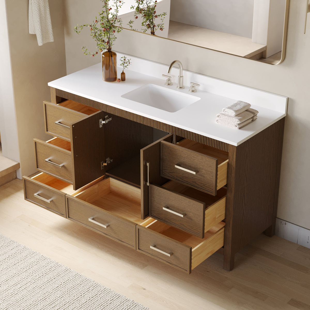60 Inch Freestanding Solid Wood Bathroom Vanity with Pure White Quartz Countertop, 2 Soft-Close Doors & 7 Dovetail Drawers, Walnut