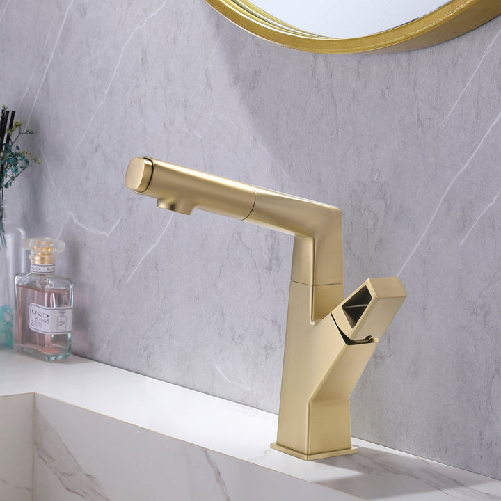 Bathroom Sink Faucet with Pull Out Sprayer Liftable Mixer Tap Brushed Gold