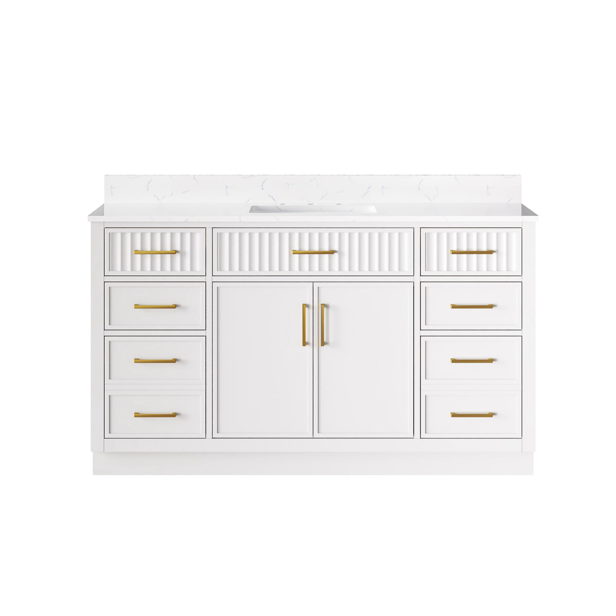 60 Inch Solid Wood and Plywood Bathroom Vanity with Carrara White Quartz Top, 2 Soft-Close Doors & 7 Drawers, White
