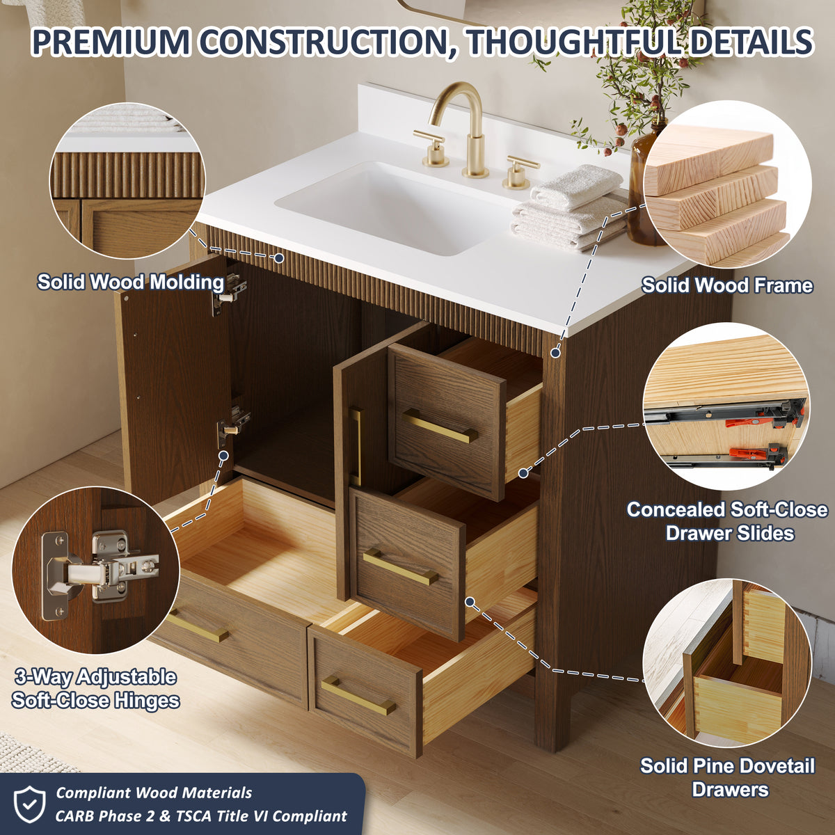 36 Inch Freestanding Solid Wood Bathroom Vanity with Fluted Molding, Pure White Quartz Countertop, Walnut