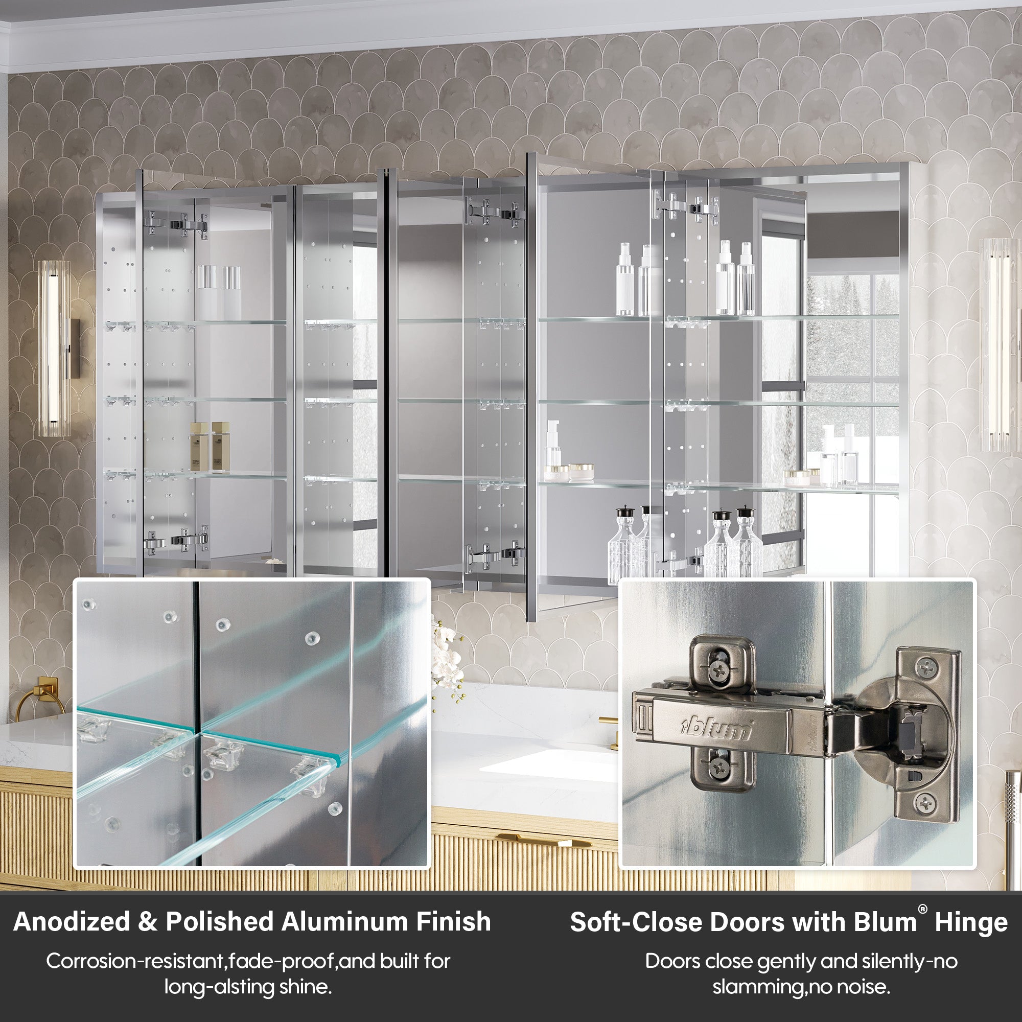 72 in.×32 in.H Copper-Free Mirror Medicine Cabinet with Soft-Close Blum® Hinges and 4 Doors