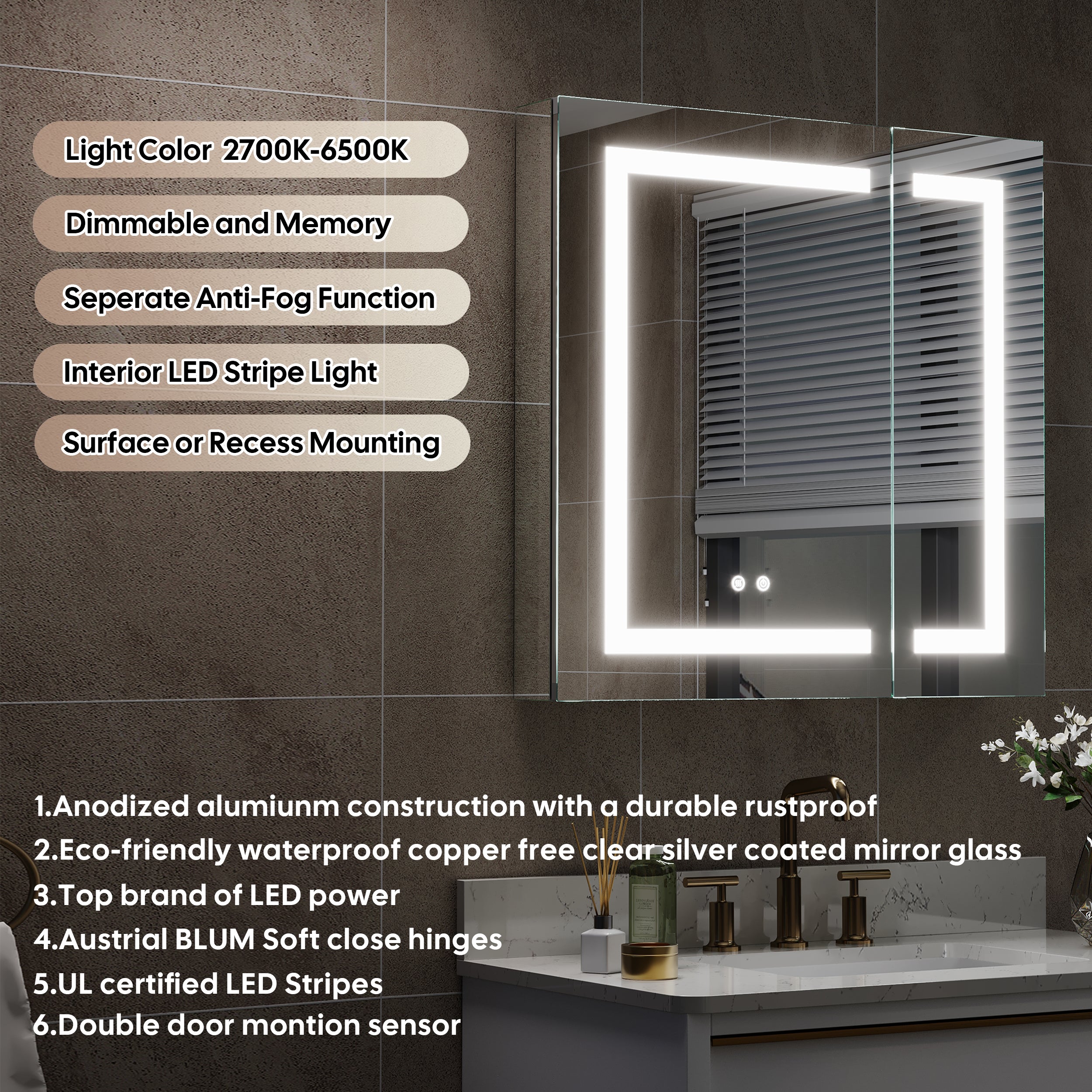 30 in. x 30 in. Lighted LED Surface/Recessed Mount Mirror Rectangle Bathroom Medicine Cabinet with Outlet