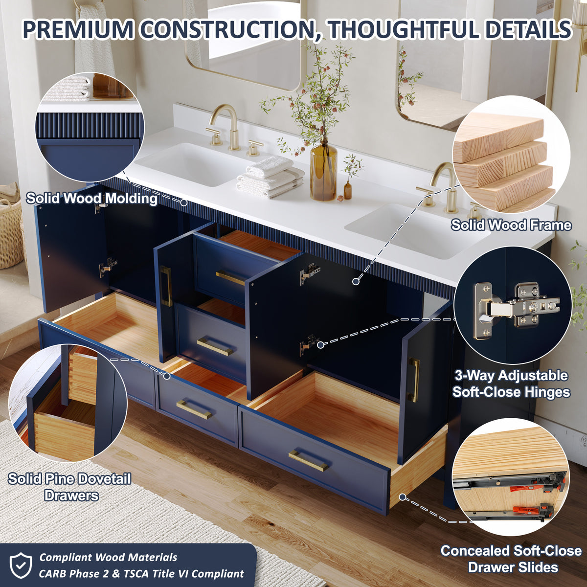 72 Inch Freestanding Solid Wood Bathroom Vanity with Pure White Quartz Countertop, 4 Soft-Close Doors & 5 Dovetail Drawers, Navy Blue