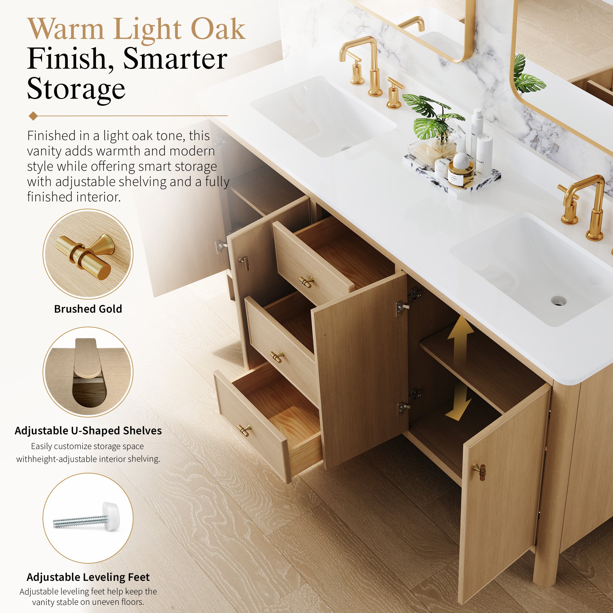 72 Inch Solid Wood Oak Bathroom Vanity with White Quartz Countertop & Sink – 3 Dovetail Soft-Close Drawers
