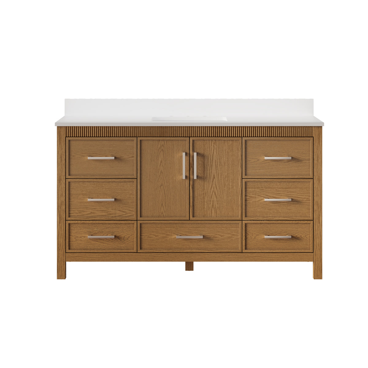 60 Inch Freestanding Solid Wood Bathroom Vanity with Pure White Quartz Countertop, 2 Soft-Close Doors & 7 Dovetail Drawers, Walnut