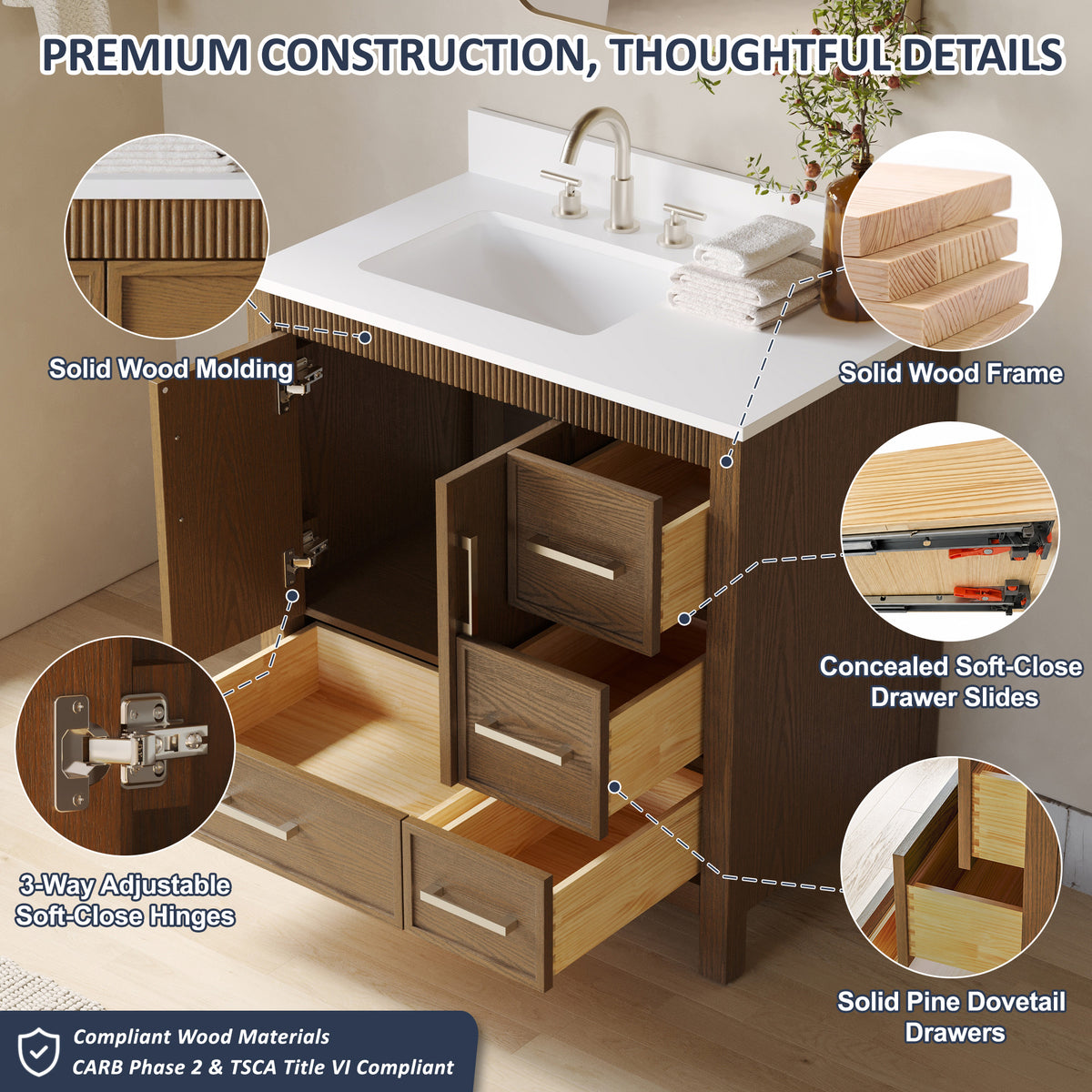 42 Inch Freestanding Solid Wood Bathroom Vanity with Fluted Molding, Pure White Quartz Countertop, Walnut