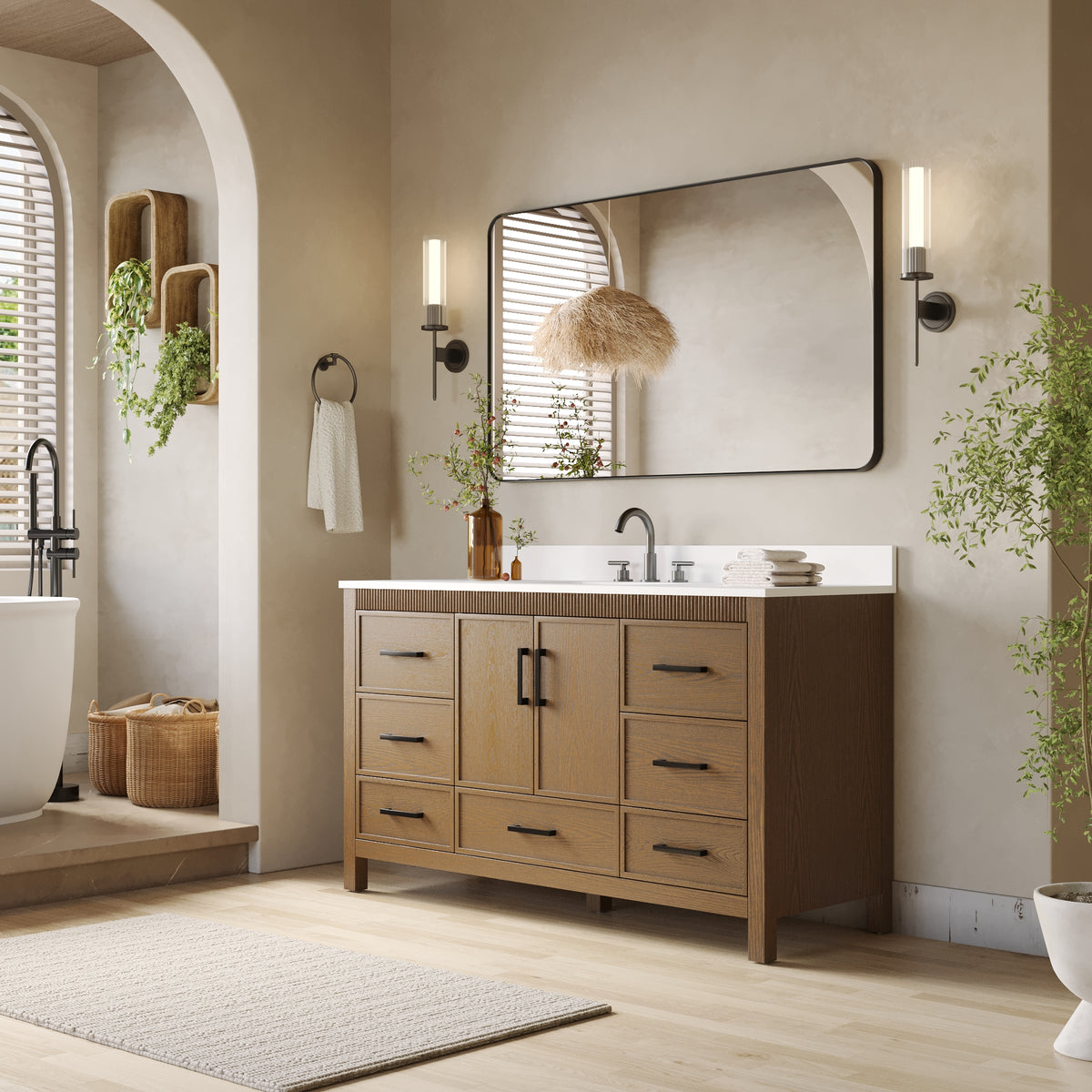 60 Inch Freestanding Solid Wood Bathroom Vanity with Pure White Quartz Countertop, 2 Soft-Close Doors & 7 Dovetail Drawers, Walnut