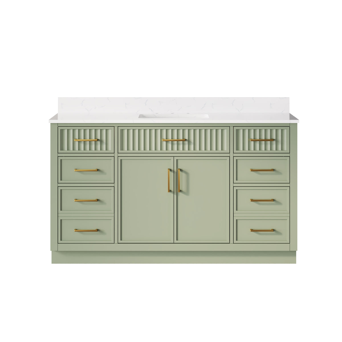 60 Inch Solid Wood and Plywood Bathroom Vanity with Carrara White Quartz Top, 2 Soft-Close Doors & 7 Drawers, SAGE GREEN