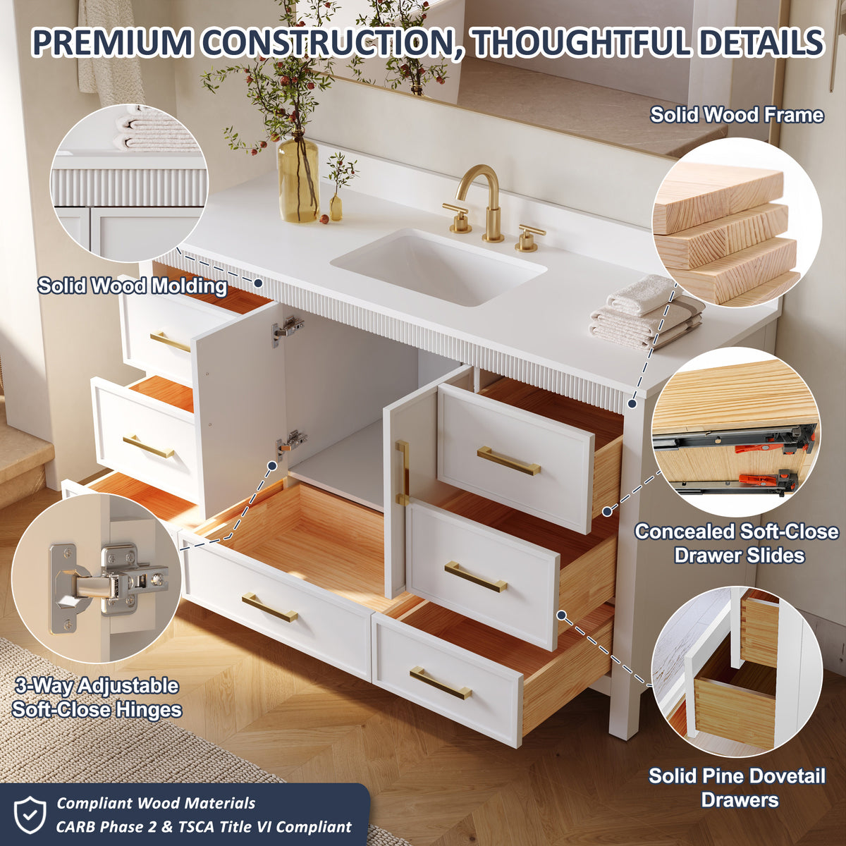 60 Inch Freestanding Solid Wood Bathroom Vanity with Pure White Quartz Countertop, 2 Soft-Close Doors & 7 Dovetail Drawers, White