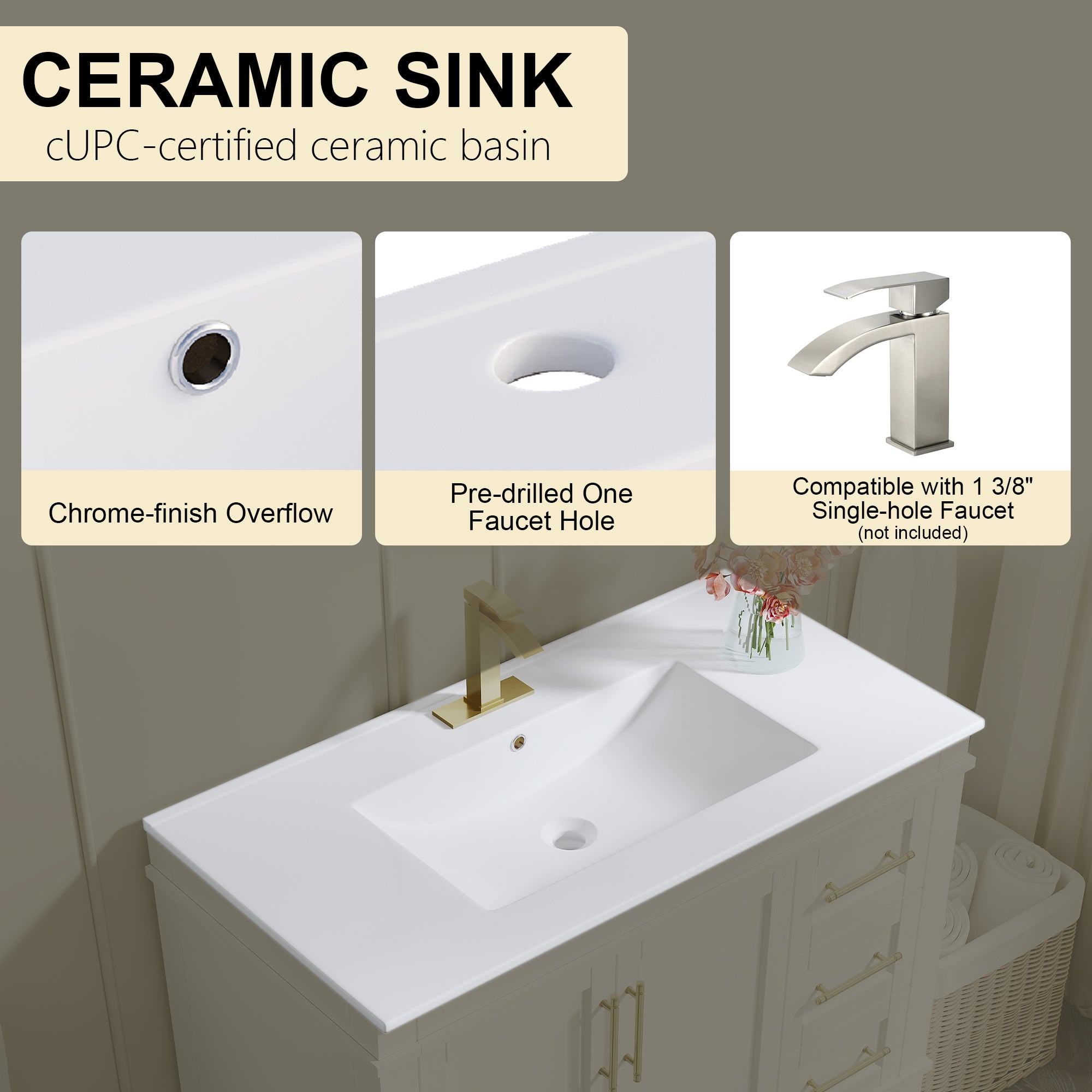 36 Inch Solid Wood Bathroom Vanity with cUPC Ceramic Sink, Brushed Gold Alloy Handles and Soft-Close Hinges