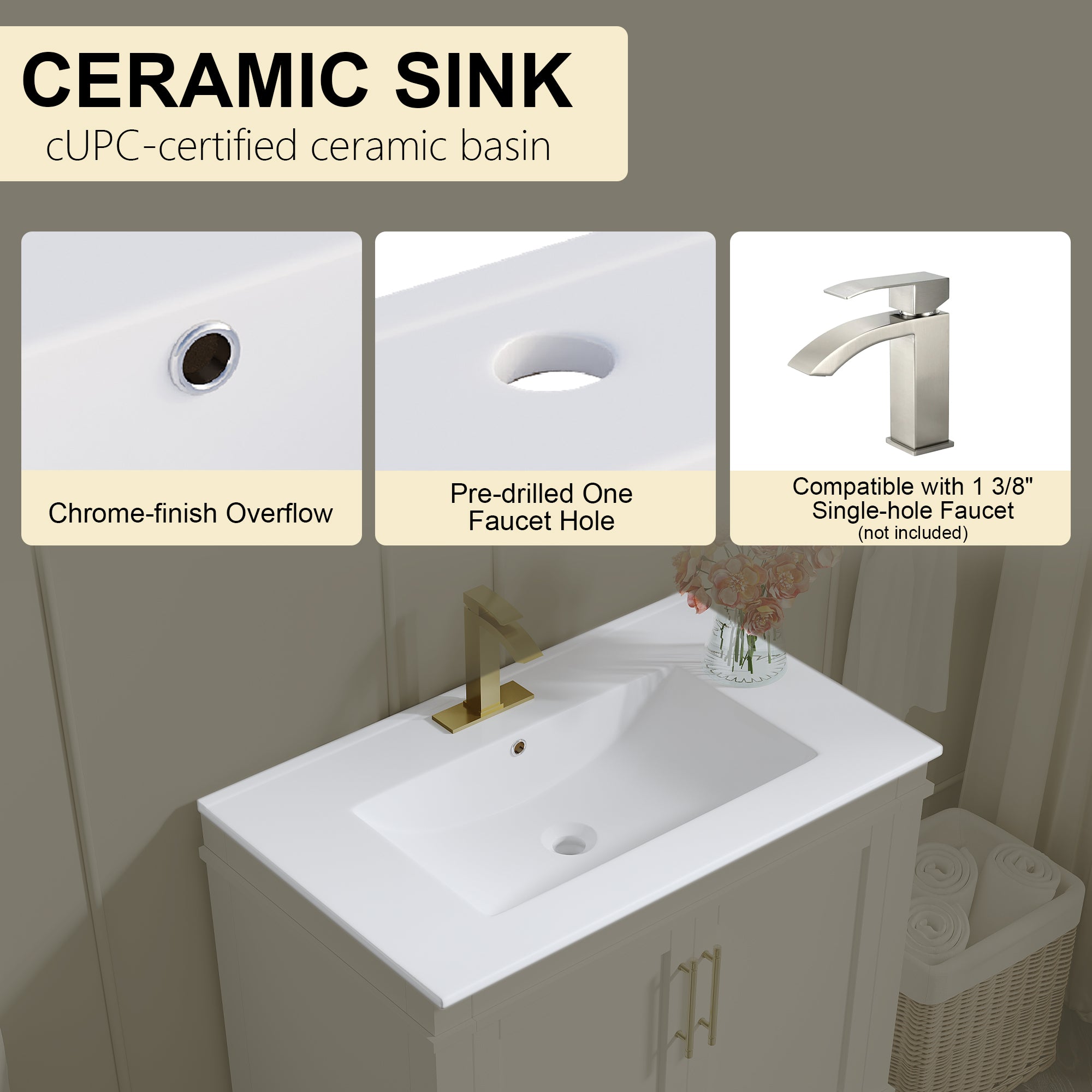 30 Inch Solid Wood Bathroom Vanity with cUPC Ceramic Sink, Brushed Gold Alloy Handles and Soft-Close Hinges