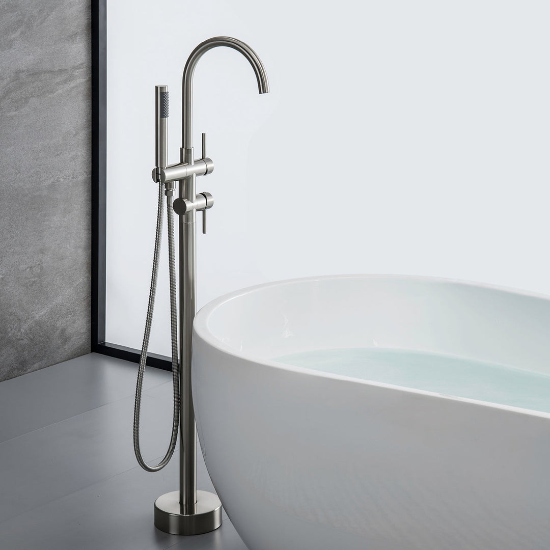 Free Standing Single-Handle Floor Mount Bathroom Tub Faucets with Handheld Shower in Brushed Nickel