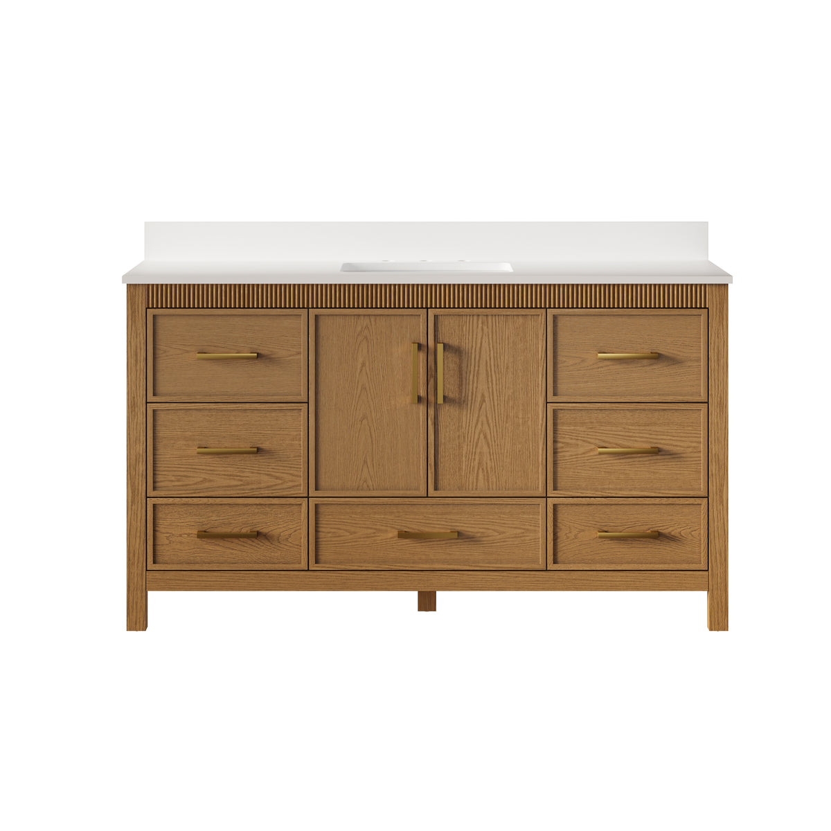 60 Inch Freestanding Solid Wood Bathroom Vanity with Pure White Quartz Countertop, 2 Soft-Close Doors & 7 Dovetail Drawers, Walnut