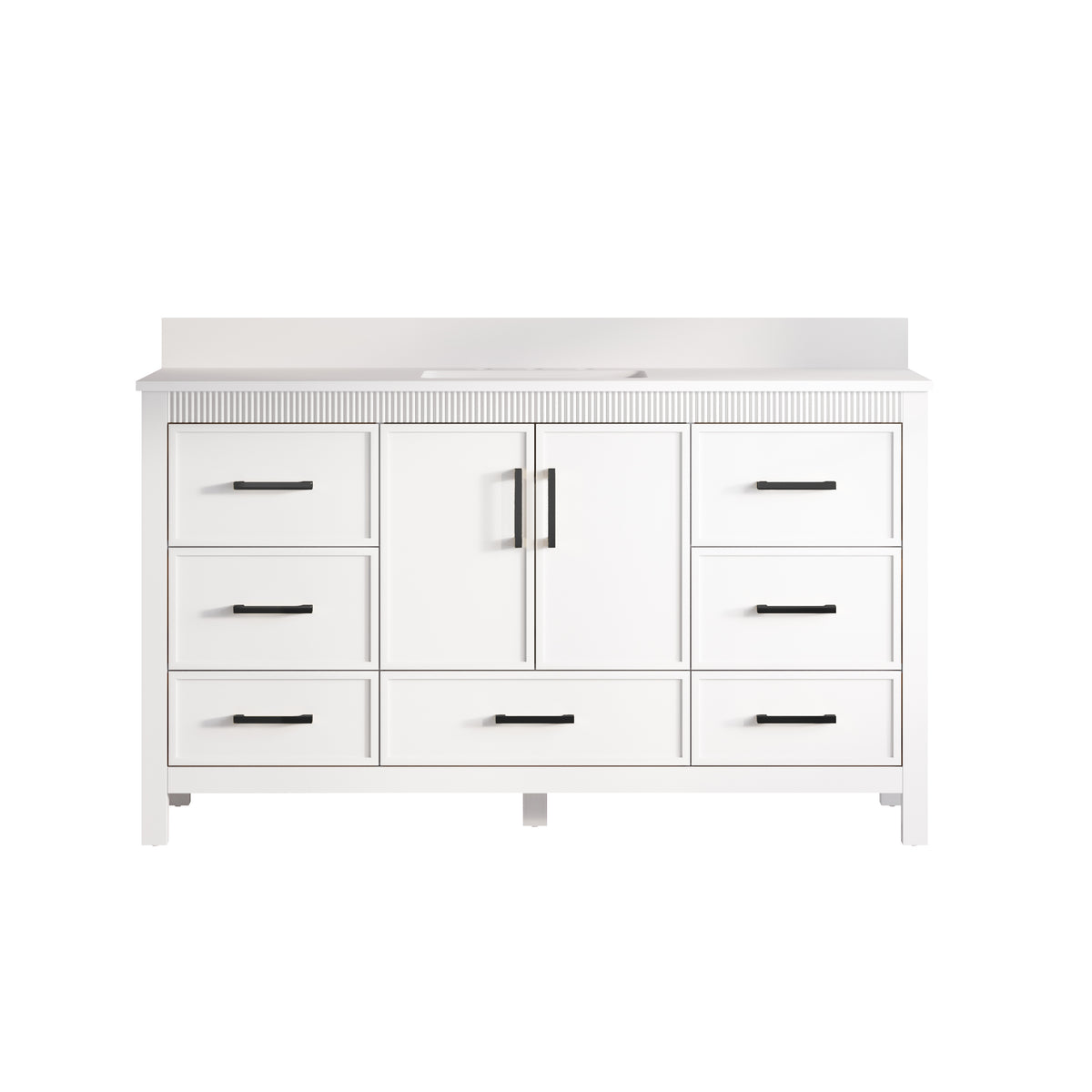 60 Inch Freestanding Solid Wood Bathroom Vanity with Pure White Quartz Countertop, 2 Soft-Close Doors & 7 Dovetail Drawers, White