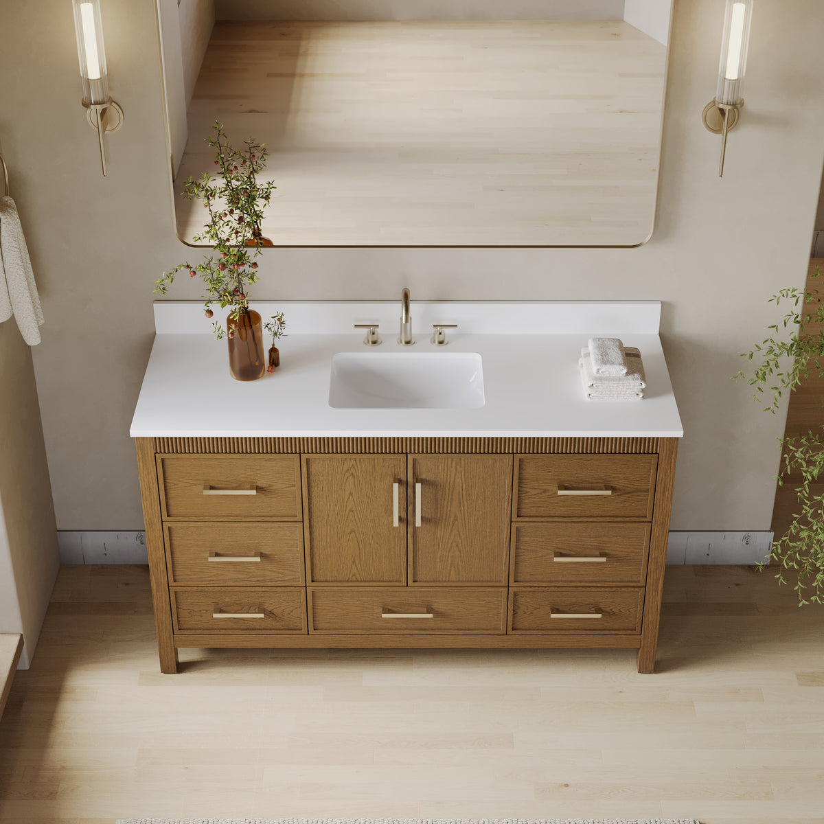 60 Inch Freestanding Solid Wood Bathroom Vanity with Pure White Quartz Countertop, 2 Soft-Close Doors & 7 Dovetail Drawers, Walnut