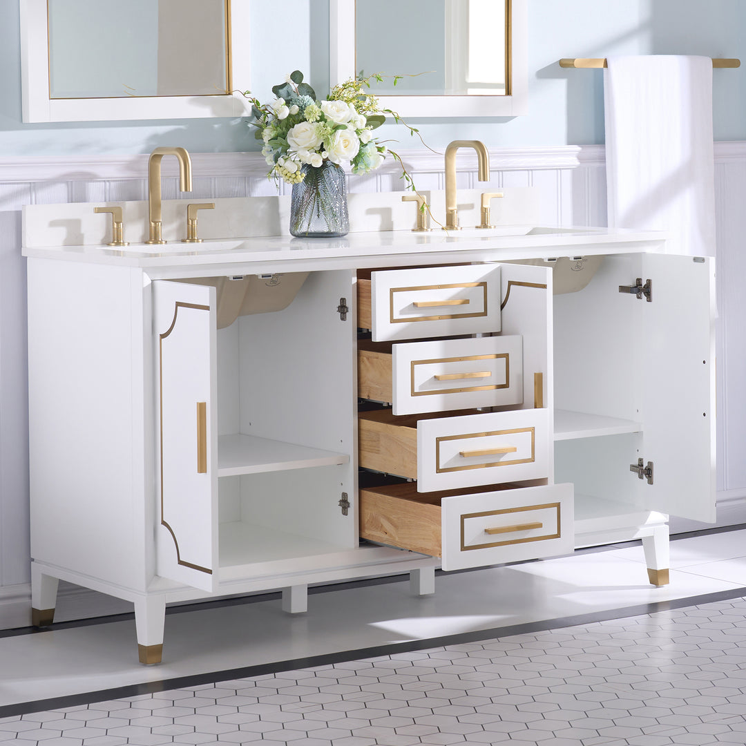 Melody 60 in. W x 22 in. D x 35 in. H Freestanding Bathroom Vanity in White with Carrara White Quartz Vanity Top