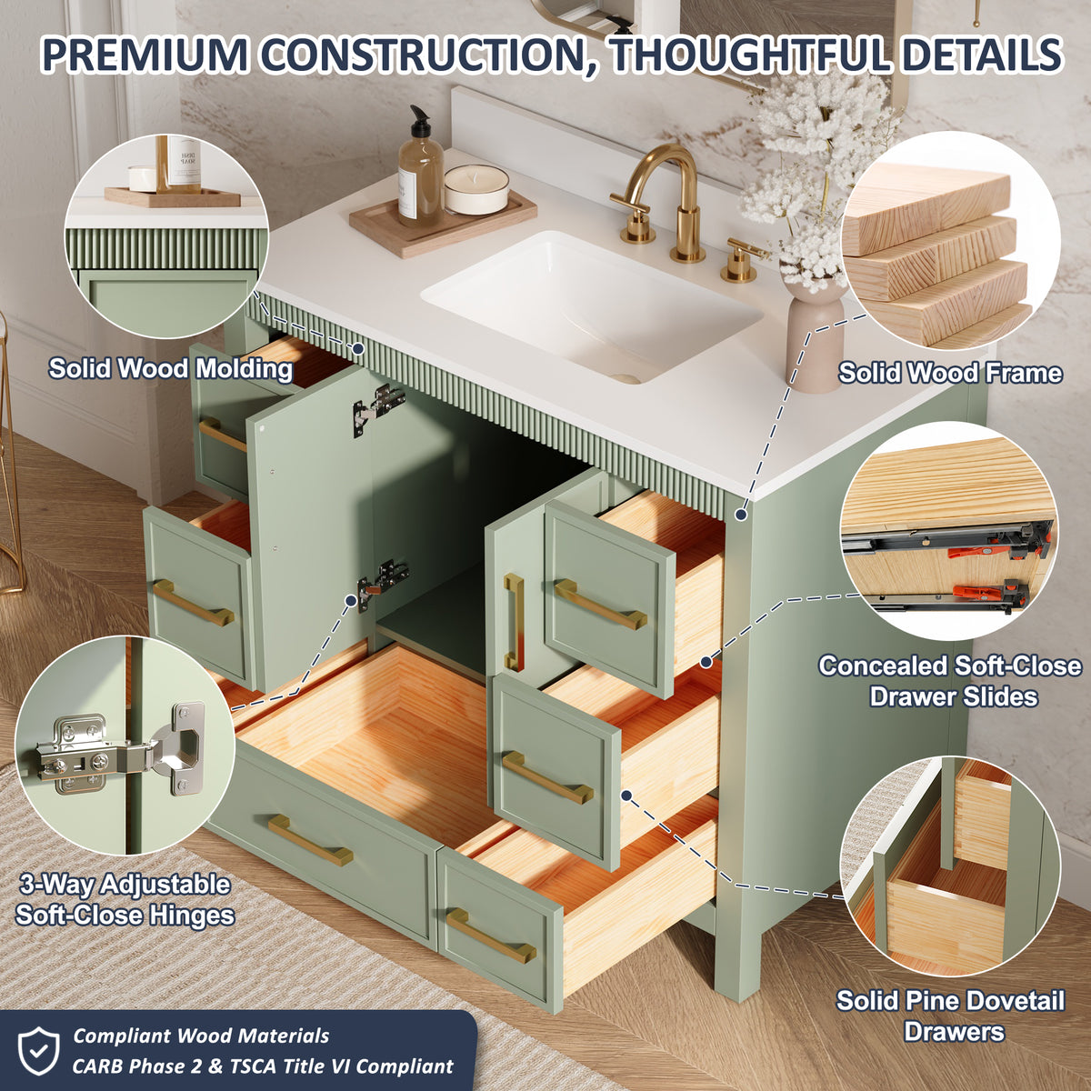 42 Inch Freestanding Solid Wood Bathroom Vanity with Fluted Molding, Pure White Quartz Countertop, SAGE GREEN