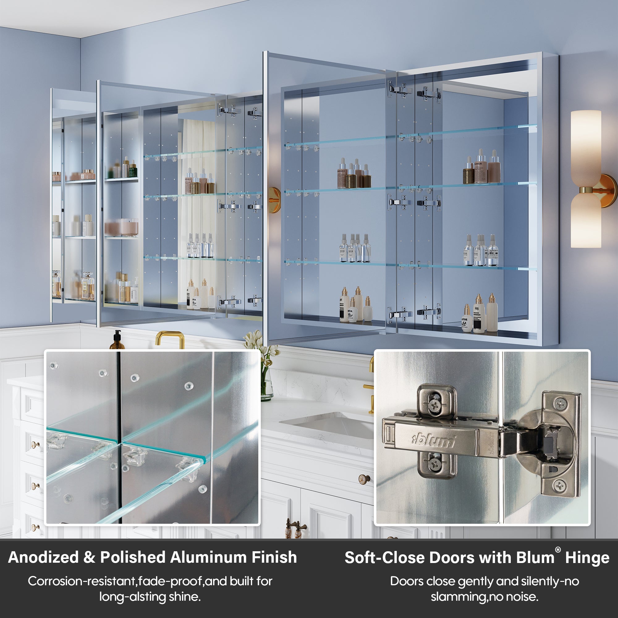 96 in. ×36 in. Aluminum Bathroom Medicine Cabinet and Open Shelf Set, Recessed or Surface Mount